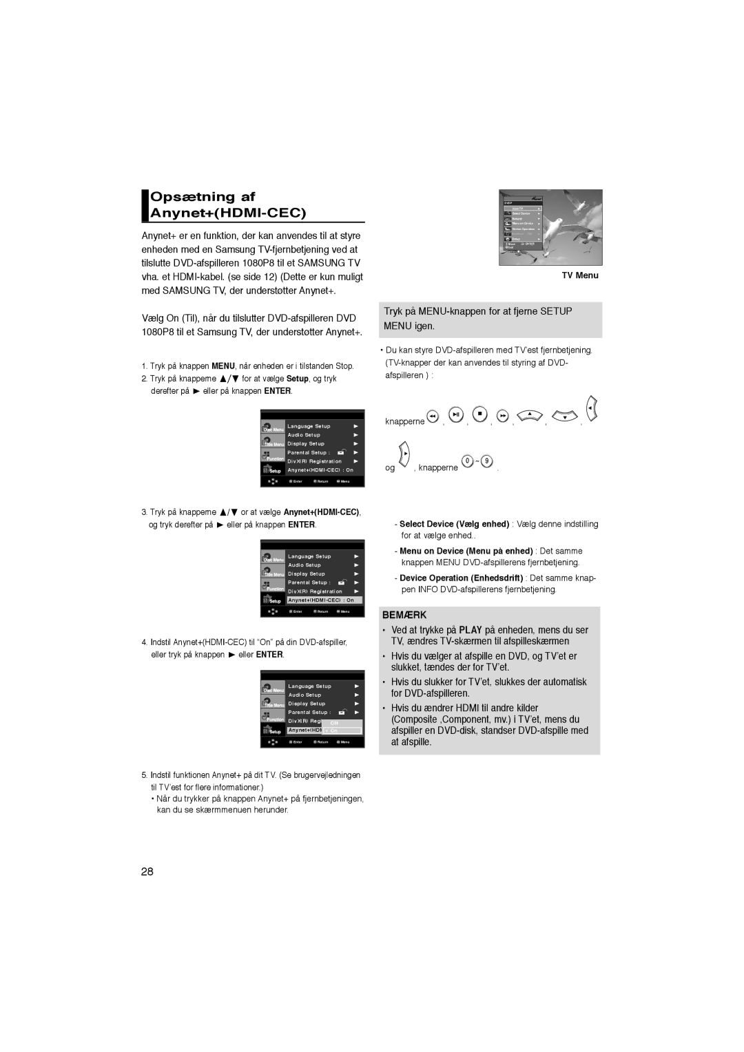 Samsung DVD-1080P8/XEE manual Opsætning af Anynet+HDMI-CEC, Tryk på knapperne 