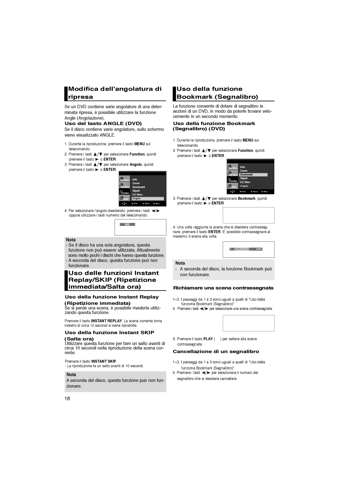 Samsung DVD-1080P8/XET manual Modifica dellangolatura di ripresa, Uso della funzione Bookmark Segnalibro 