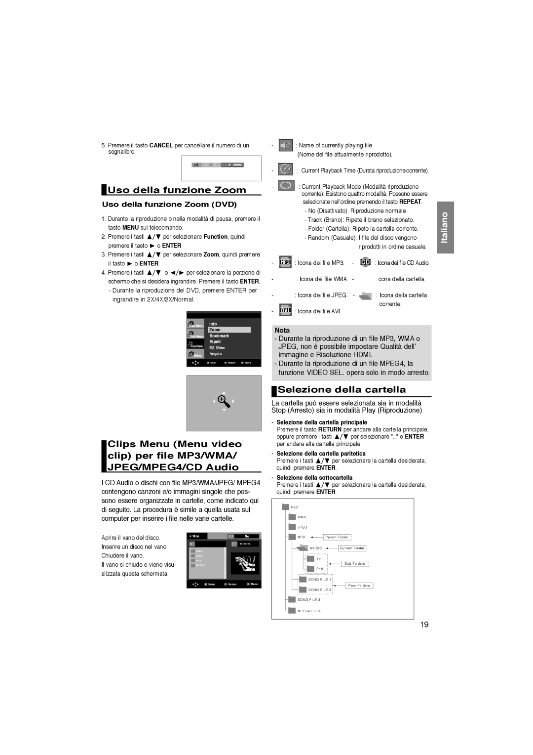 Samsung DVD-1080P8/XET manual Selezione della cartella, Uso della funzione Zoom DVD 