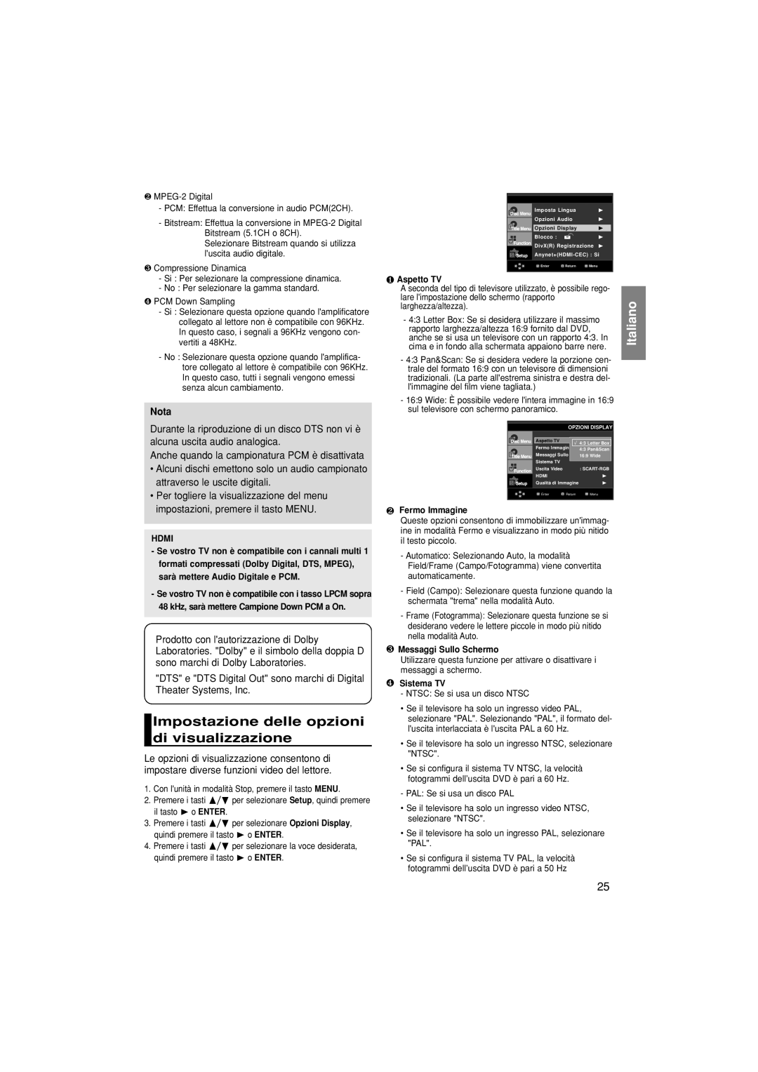 Samsung DVD-1080P8/XET manual Impostazione delle opzioni di visualizzazione, Hdmi 