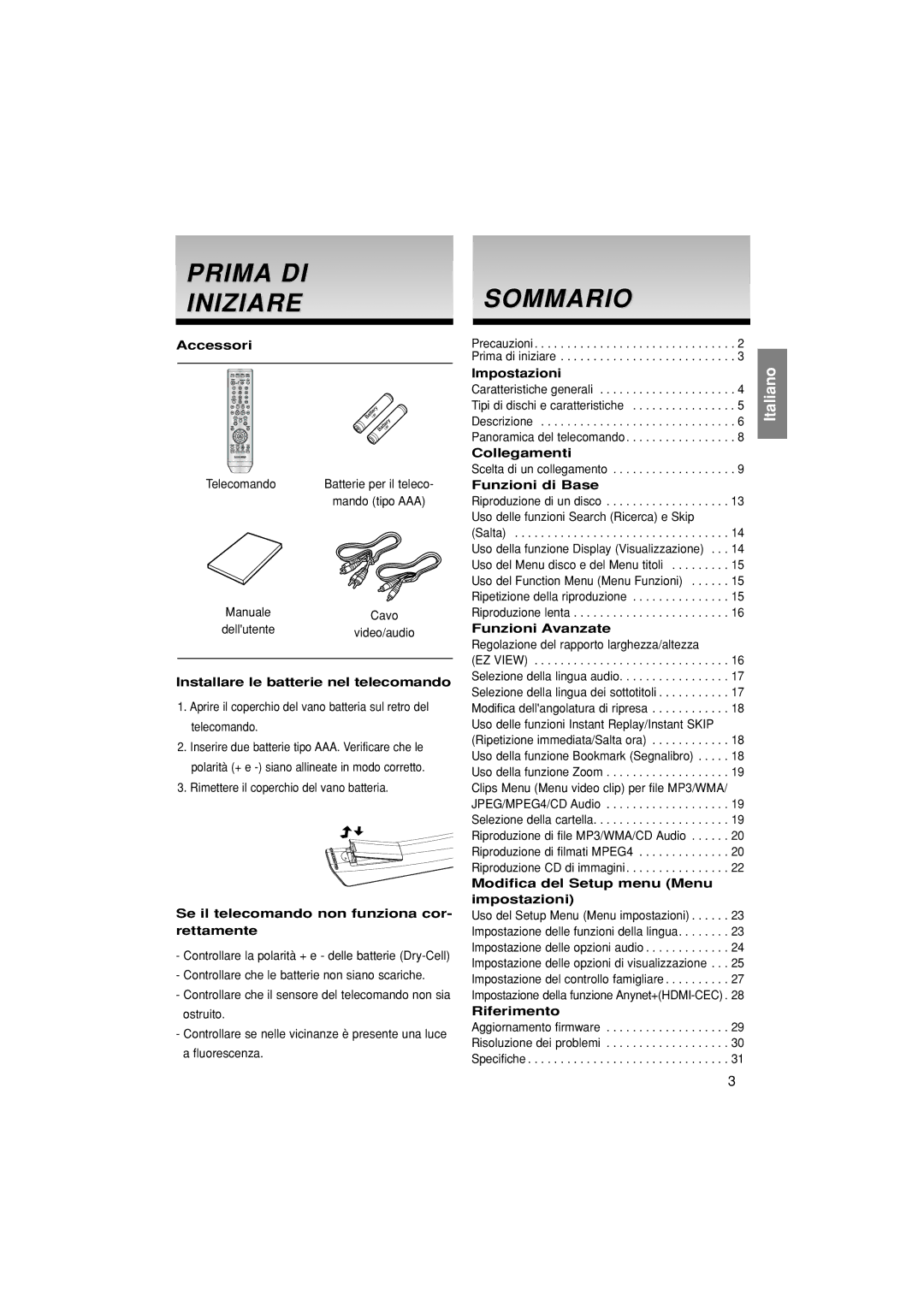 Samsung DVD-1080P8/XET manual Prima DI Iniziare, Sommario 