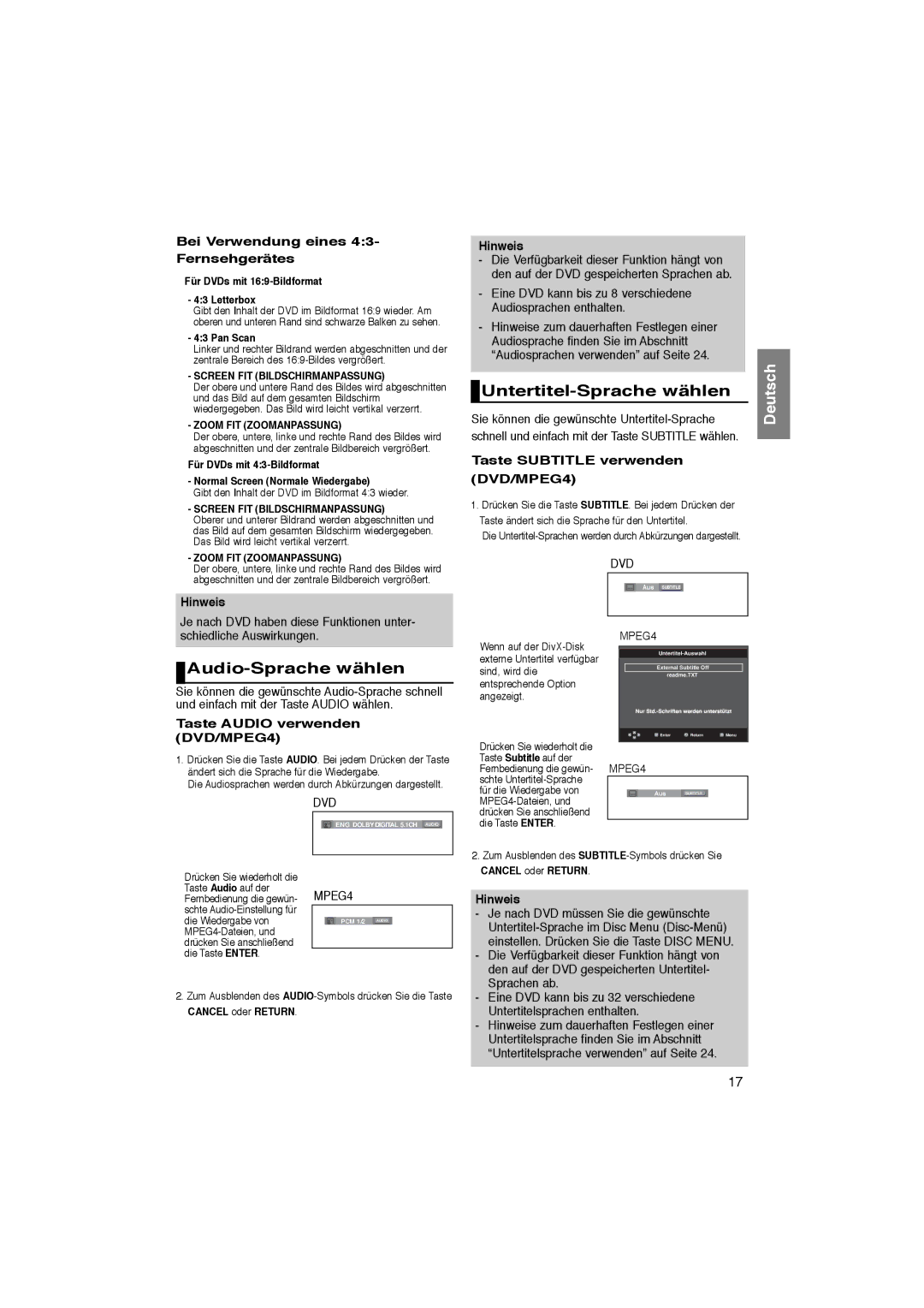 Samsung DVD-1080P8/EDC manual Untertitel-Sprache wählen, Audio-Sprache wählen, Bei Verwendung eines 43- Fernsehgerätes 