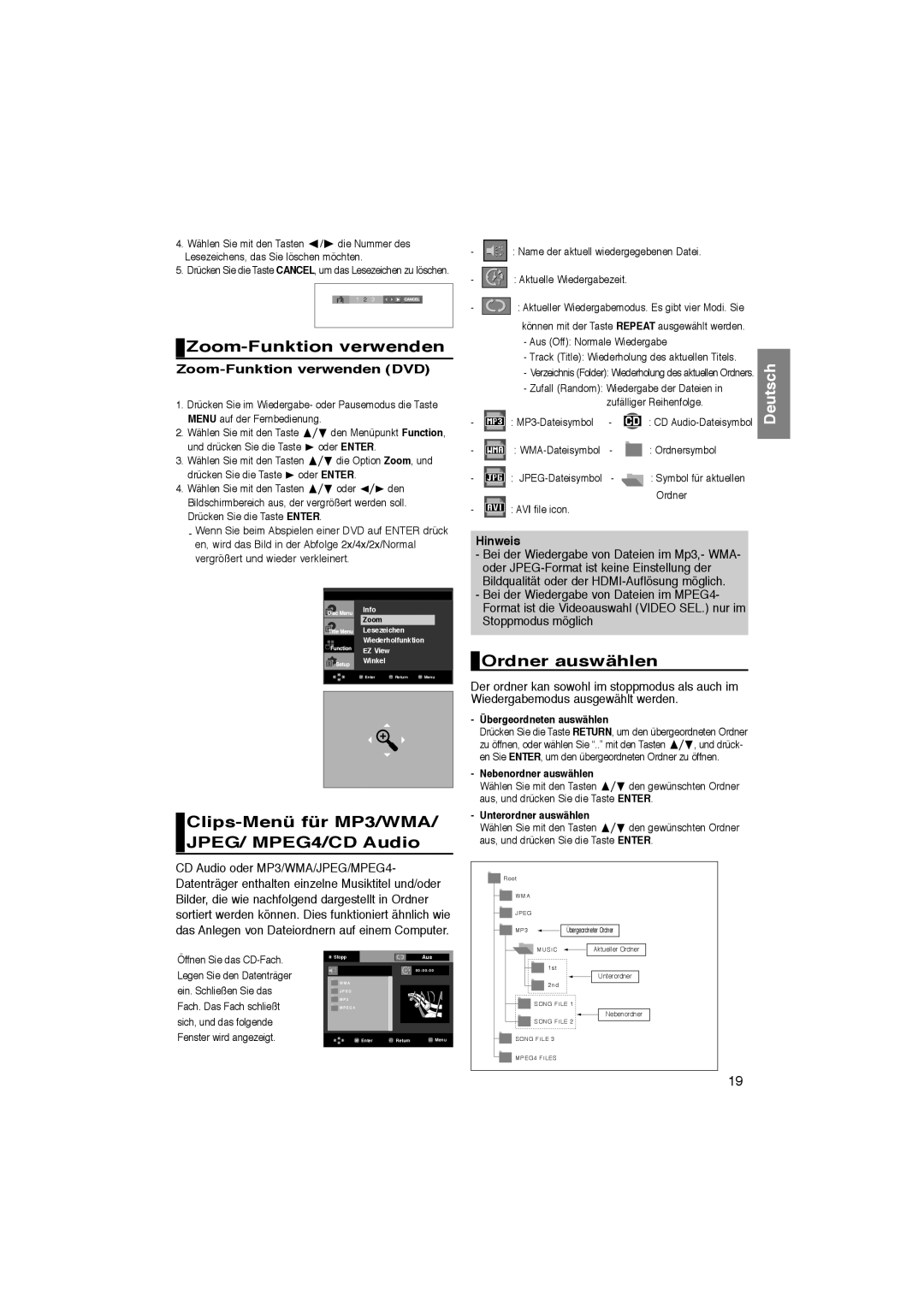 Samsung DVD-1080P8/XEE manual Zoom-Funktion verwenden, Clips-Menü für MP3/WMA/ JPEG/ MPEG4/CD Audio, Ordner auswählen 