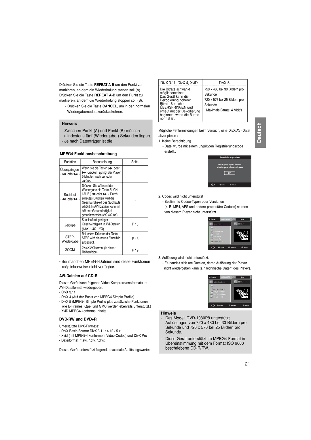 Samsung DVD-1080P8/XEL, DVD-1080P8/XEU, DVD-1080P8/EDC MPEG4-Funktionsbeschreibung, AVI-Dateien auf CD-R, DVD-RW und DVD+R 