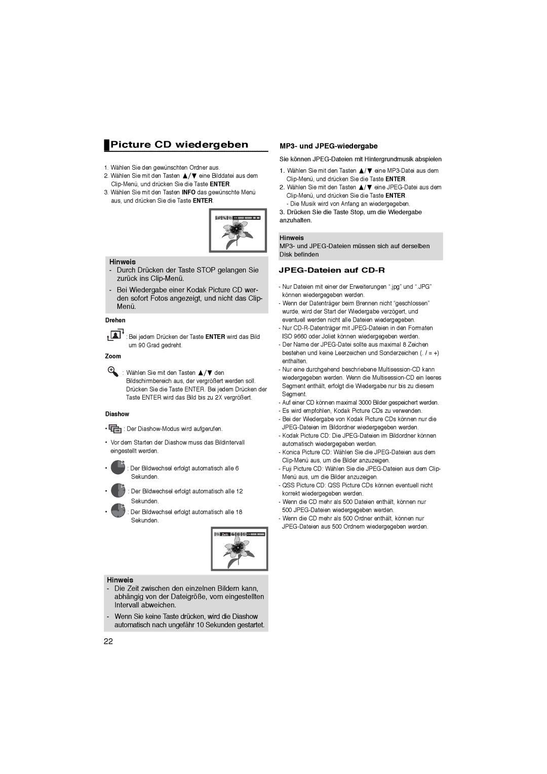 Samsung DVD-1080P8/EDC, DVD-1080P8/XEU manual Picture CD wiedergeben, MP3- und JPEG-wiedergabe, JPEG-Dateien auf CD-R 