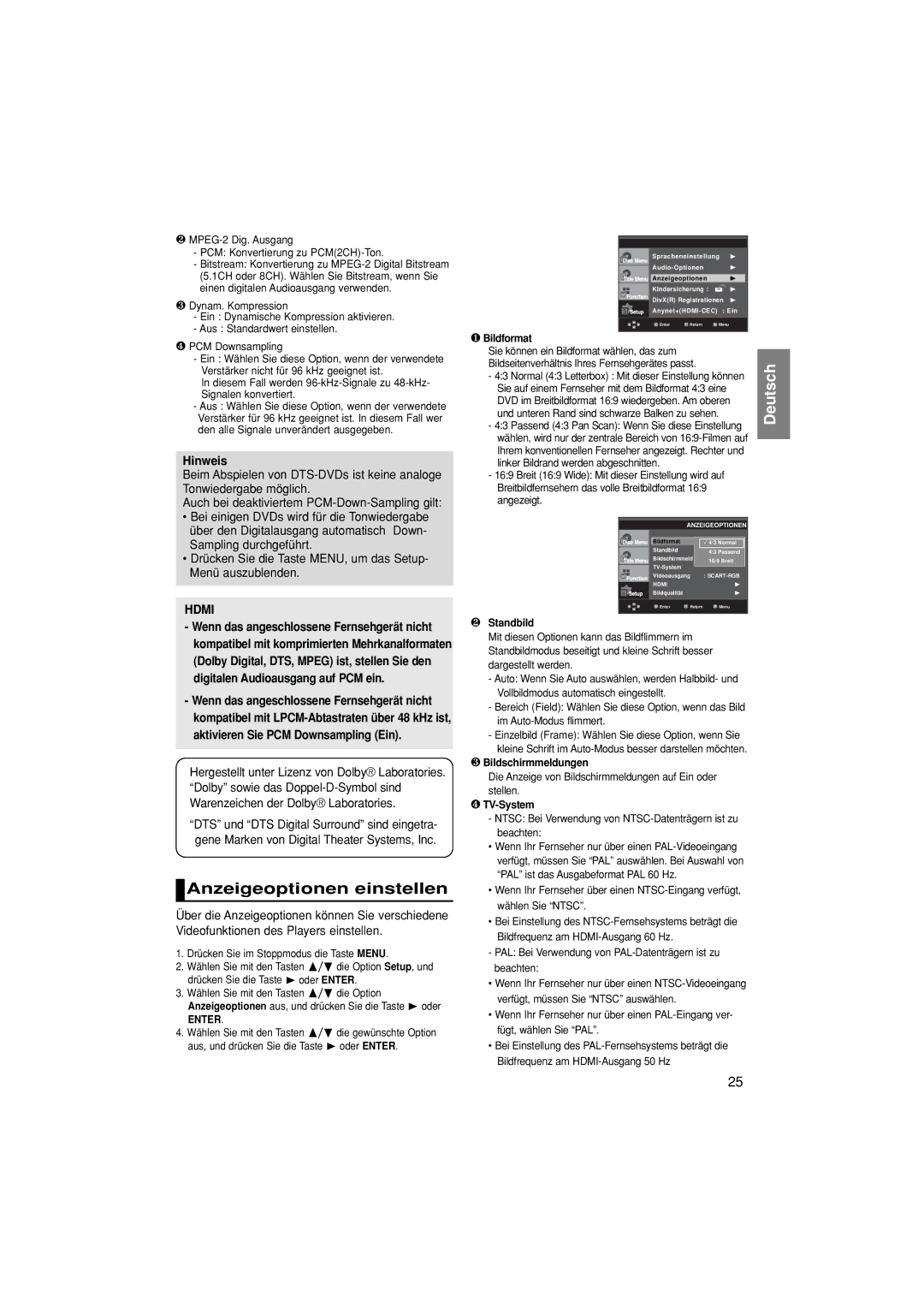 Samsung DVD-1080P8/XEU manual Anzeigeoptionen einstellen, ❶ Bildformat, ❷ Standbild, ❸ Bildschirmmeldungen, ❹ TV-System 