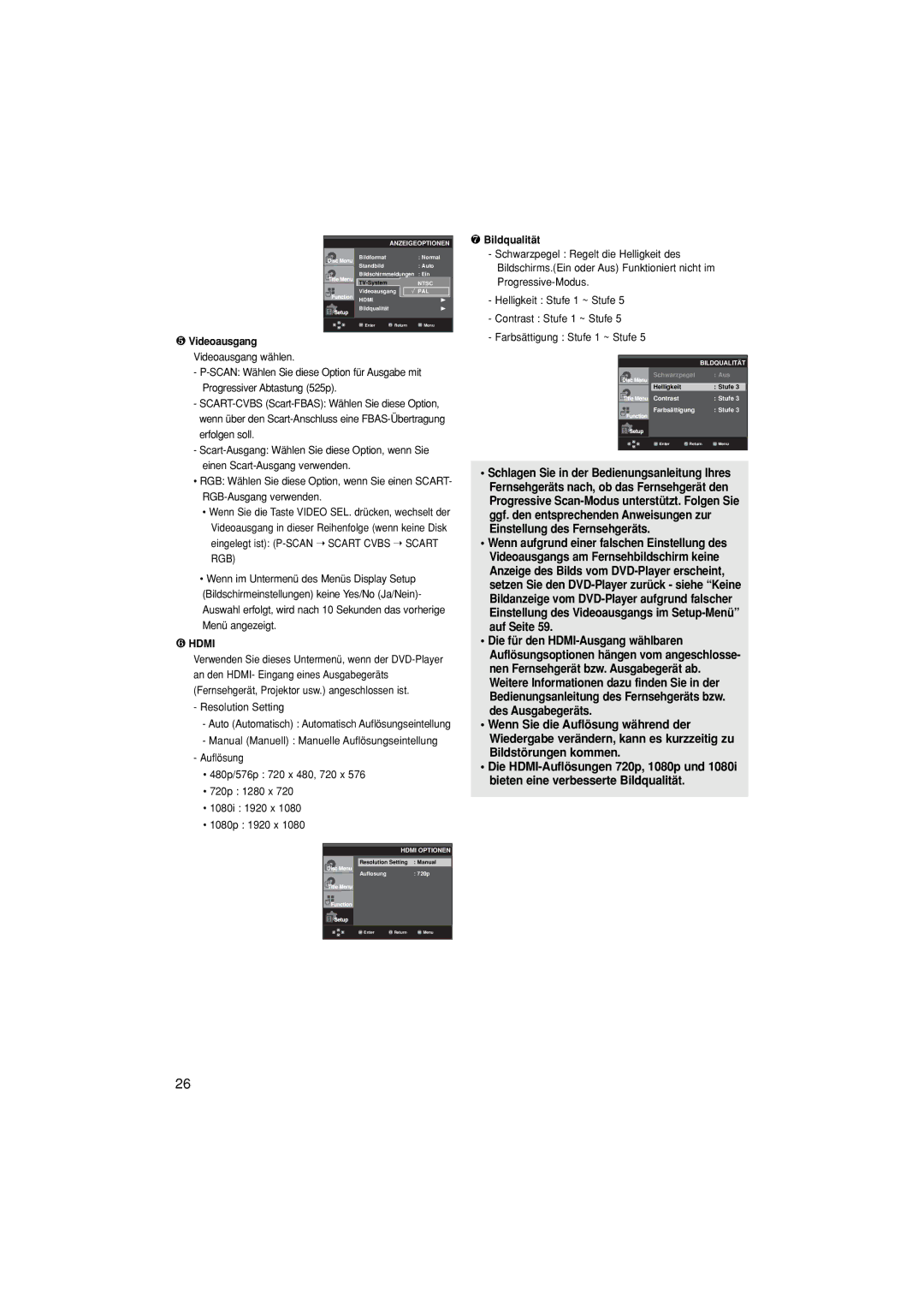 Samsung DVD-1080P8/XEL, DVD-1080P8/XEU manual ❺ Videoausgang Videoausgang wählen, Resolution Setting, ❼ Bildqualität 