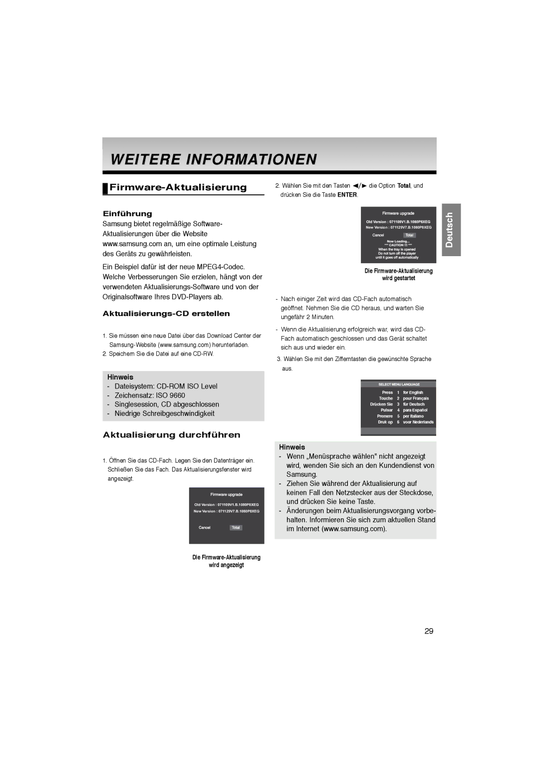 Samsung DVD-1080P8/XEE, DVD-1080P8/XEU manual Aktualisierungs-CD erstellen, Die Firmware-Aktualisierung Wird gestartet 