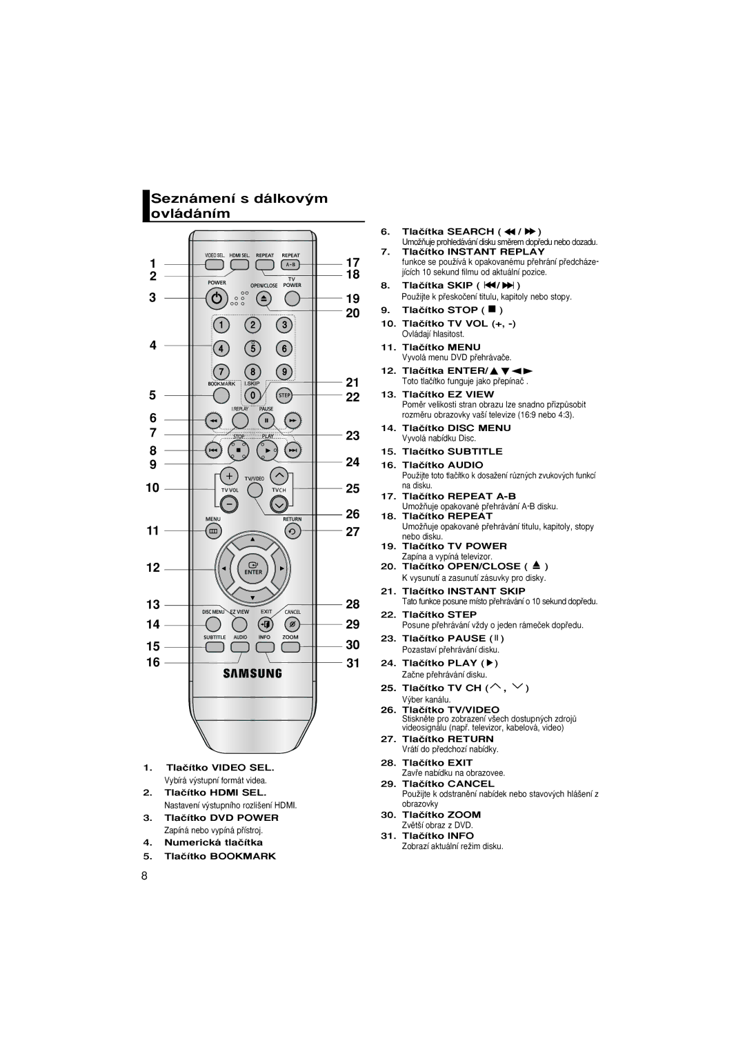 Samsung DVD-1080P8/XEL, DVD-1080P8/XEU, DVD-1080P8/EDC, DVD-1080P8/XET, DVD-1080P8/XEE manual Seznámení s dálkov˘m ovládáním 