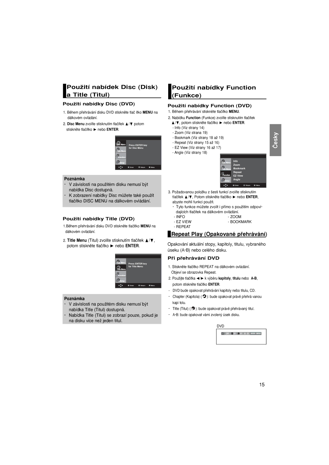 Samsung DVD-1080P8/XET, DVD-1080P8/XEU manual PouÏití nabídek Disc Disk a Title Titul, PouÏití nabídky Function Funkce 