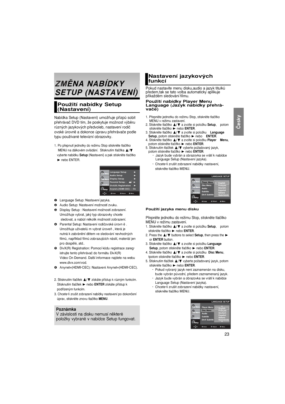 Samsung DVD-1080P8/XEL manual PouÏití nabídky Setup Nastavení, Nastavení jazykov˘ch funkcí, PouÏití jazyka menu disku 