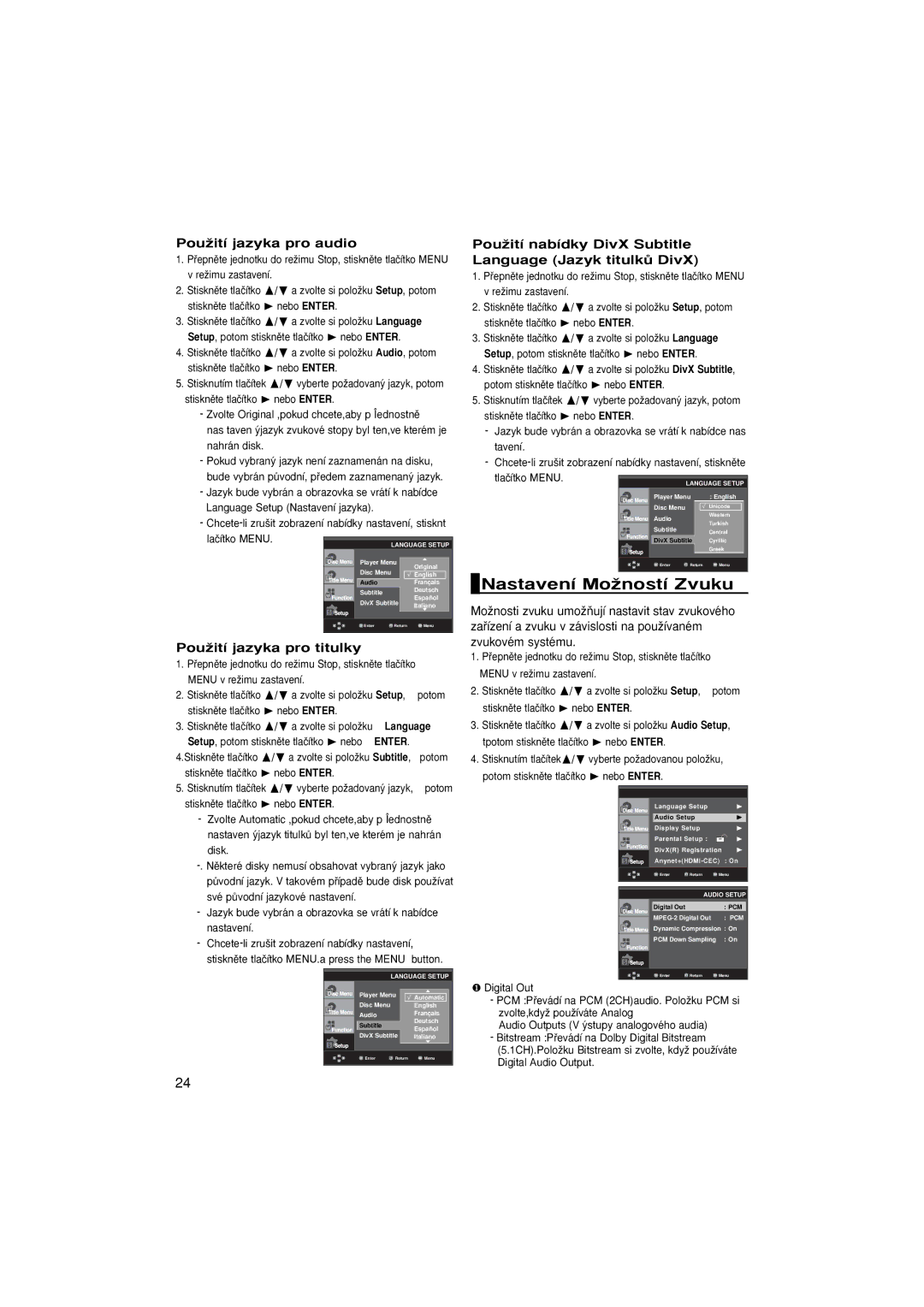 Samsung DVD-1080P8/EDC manual Nastavení MoÏností Zvuku, PouÏití jazyka pro audio, PouÏití jazyka pro titulky, Language 