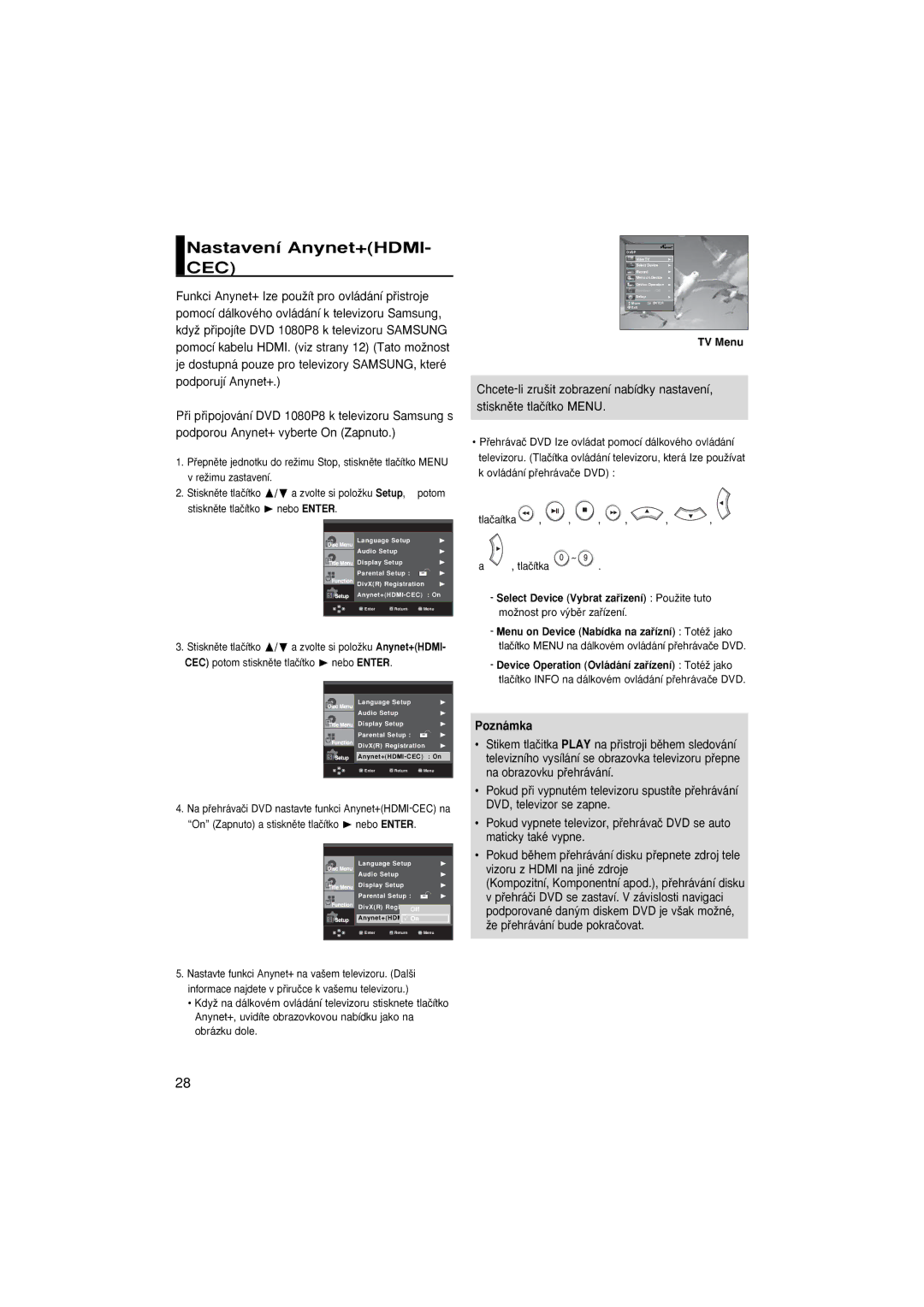 Samsung DVD-1080P8/XEL, DVD-1080P8/XEU, DVD-1080P8/EDC, DVD-1080P8/XET, DVD-1080P8/XEE Nastavení Anynet+HDMI- CEC, TV Menu 