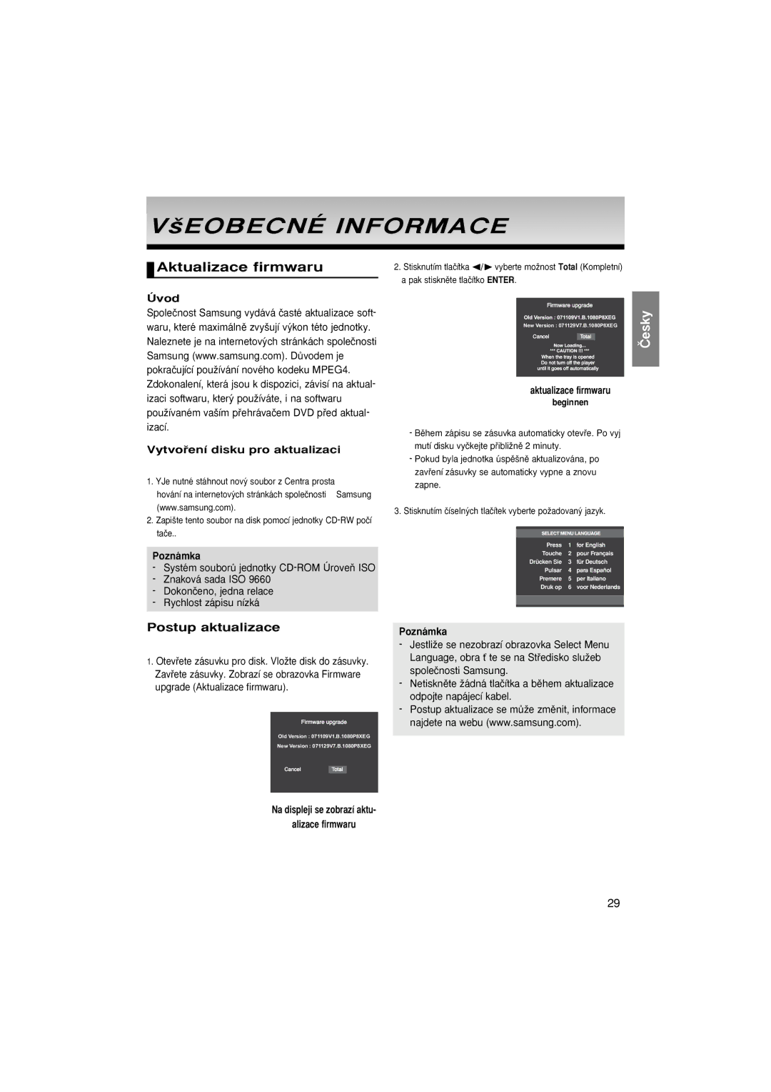 Samsung DVD-1080P8/EDC manual ‰EOBECNÉ Informace, Aktualizace firmwaru, Úvod Vytvoﬁení disku pro aktualizaci, Beginnen 