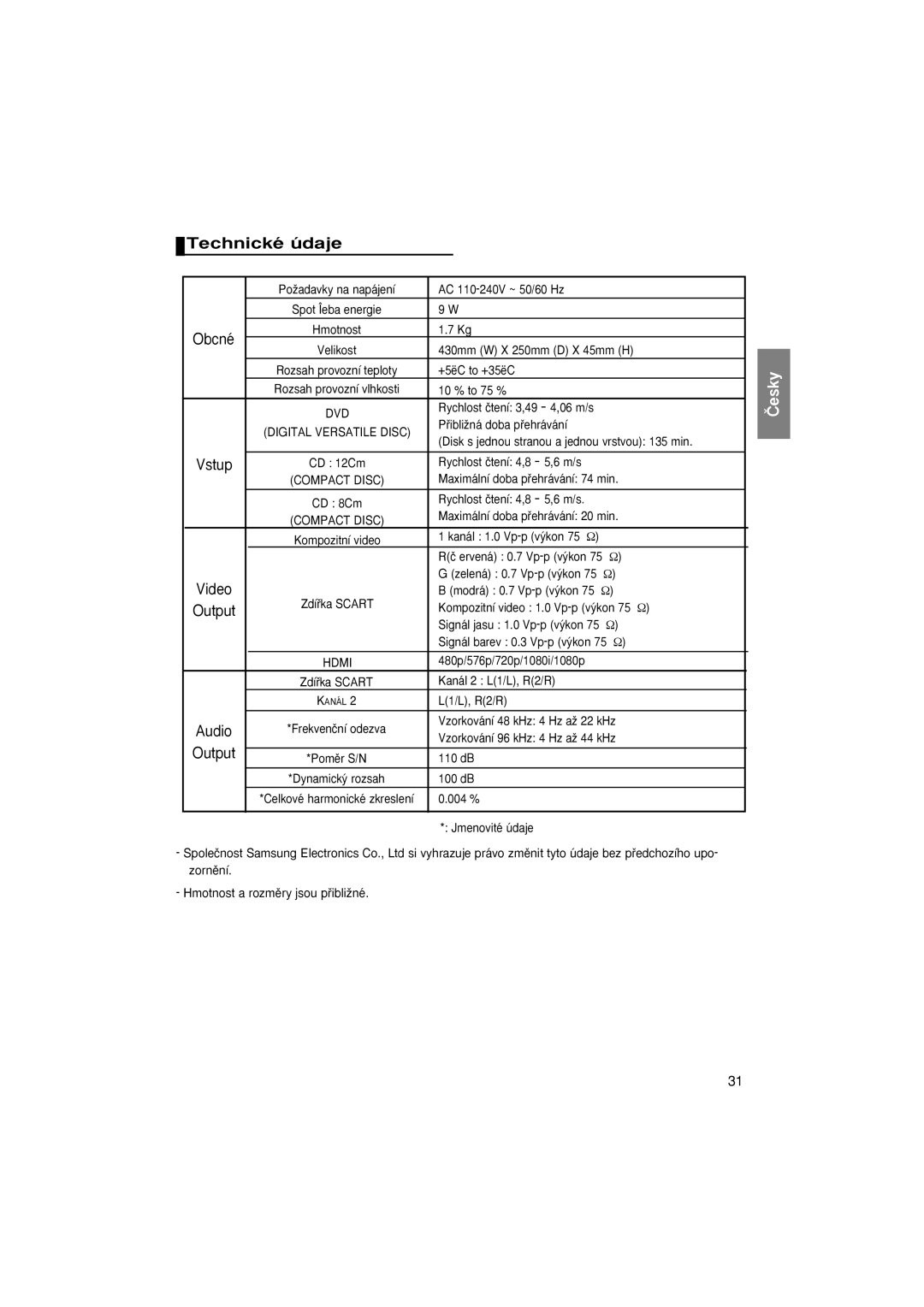 Samsung DVD-1080P8/XEE, DVD-1080P8/XEU, DVD-1080P8/XEL, DVD-1080P8/EDC, DVD-1080P8/XET manual Technické údaje 