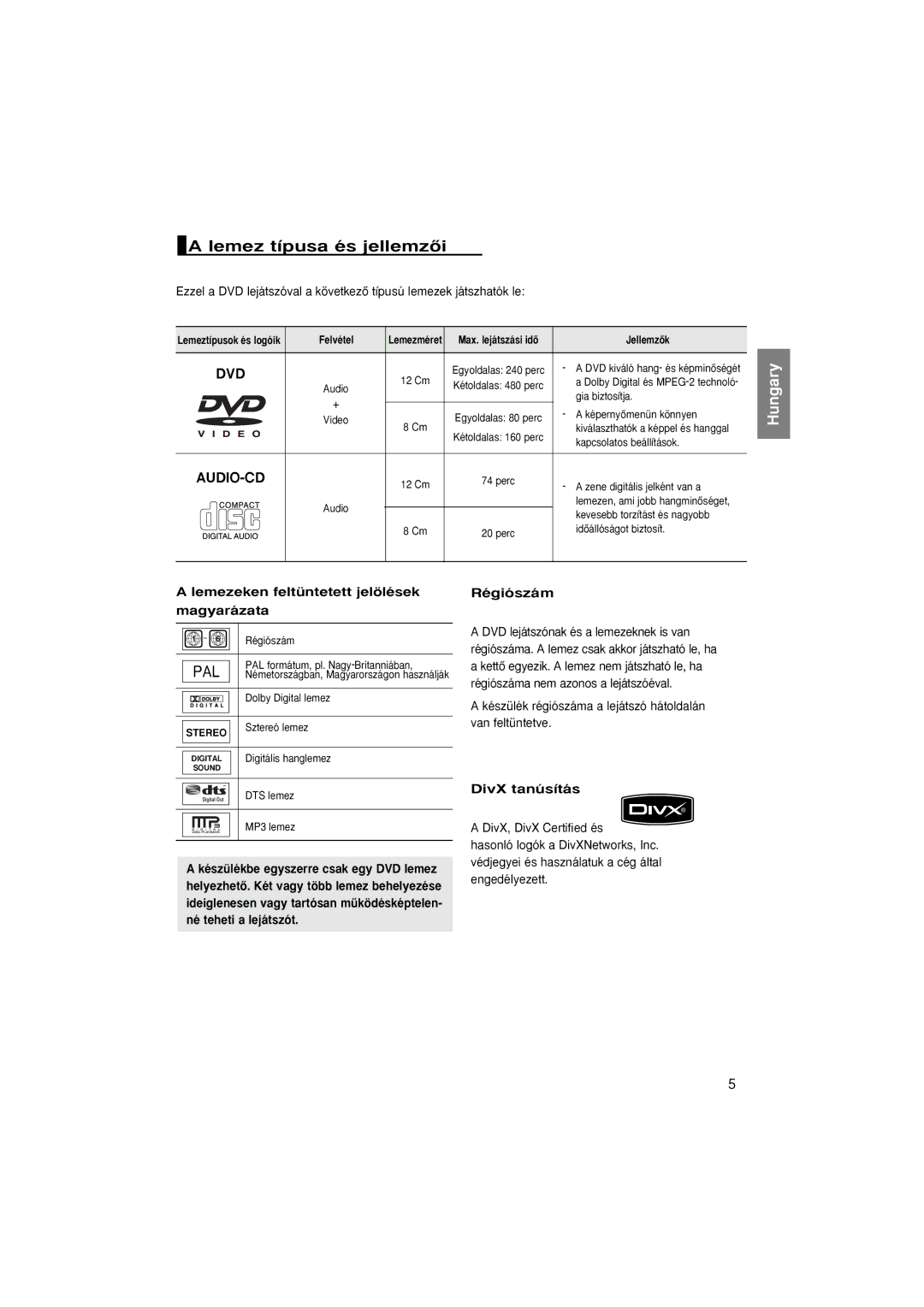 Samsung DVD-1080P8/EDC Lemez típusa és jellemzŒi, Lemezeken feltüntetett jelölések Magyarázata, Régiószám, DivX tanúsítás 