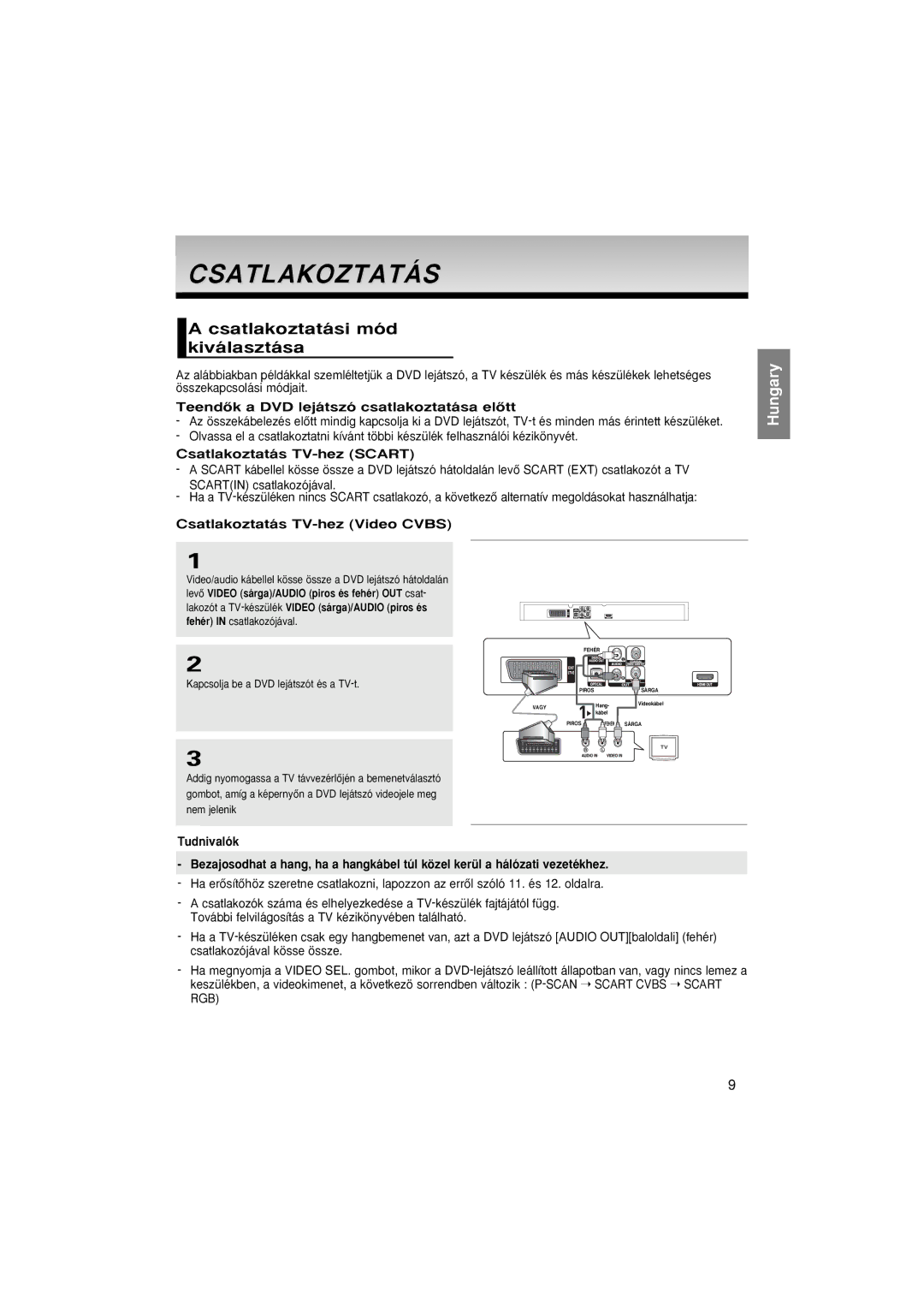 Samsung DVD-1080P8/XEL, DVD-1080P8/XEU Csatlakoztatási mód kiválasztása, TeendŒk a DVD lejátszó csatlakoztatása elŒtt 