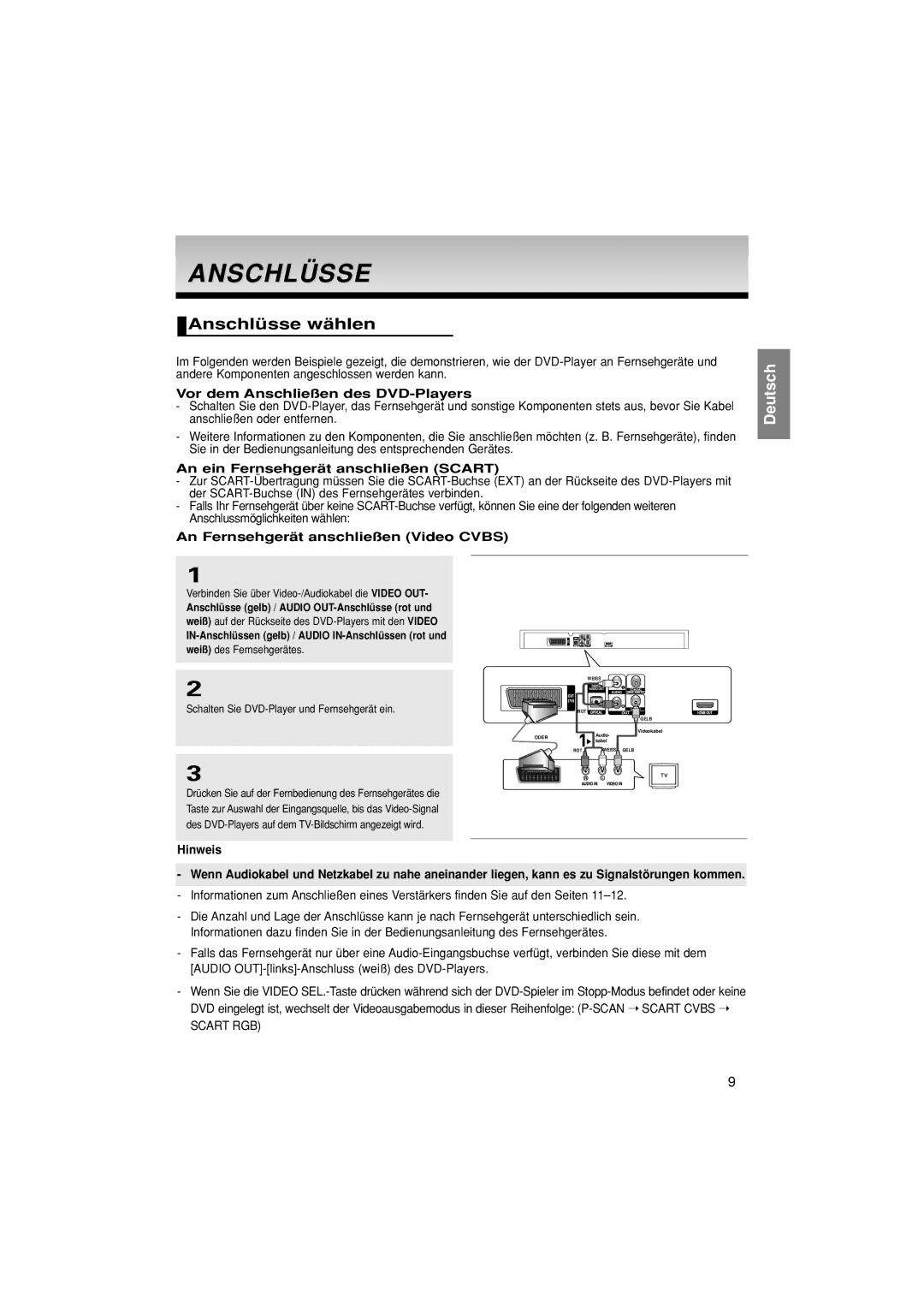 Samsung DVD-1080P8/XEE manual Anschlüsse wählen, Vor dem Anschließen des DVD-Players, An ein Fernsehgerät anschließen Scart 