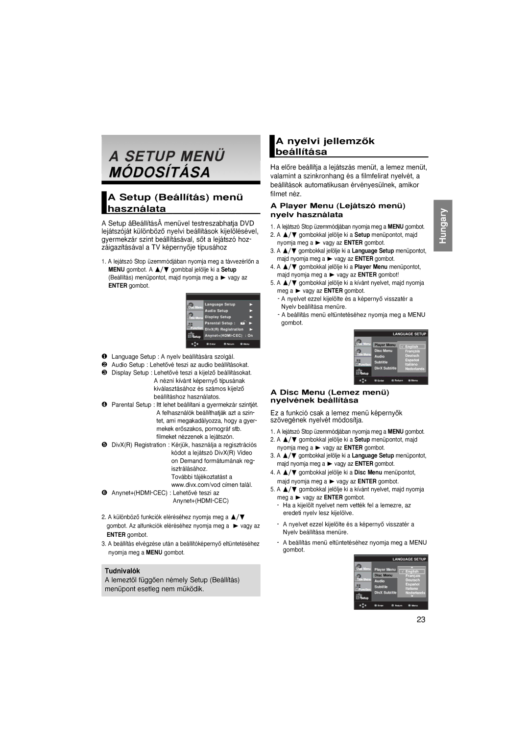 Samsung DVD-1080P8/XEU, DVD-1080P8/XEL manual Setup Menü Módosítása, Setup Beállítás menü Nyelvi jellemzŒk beállítása 