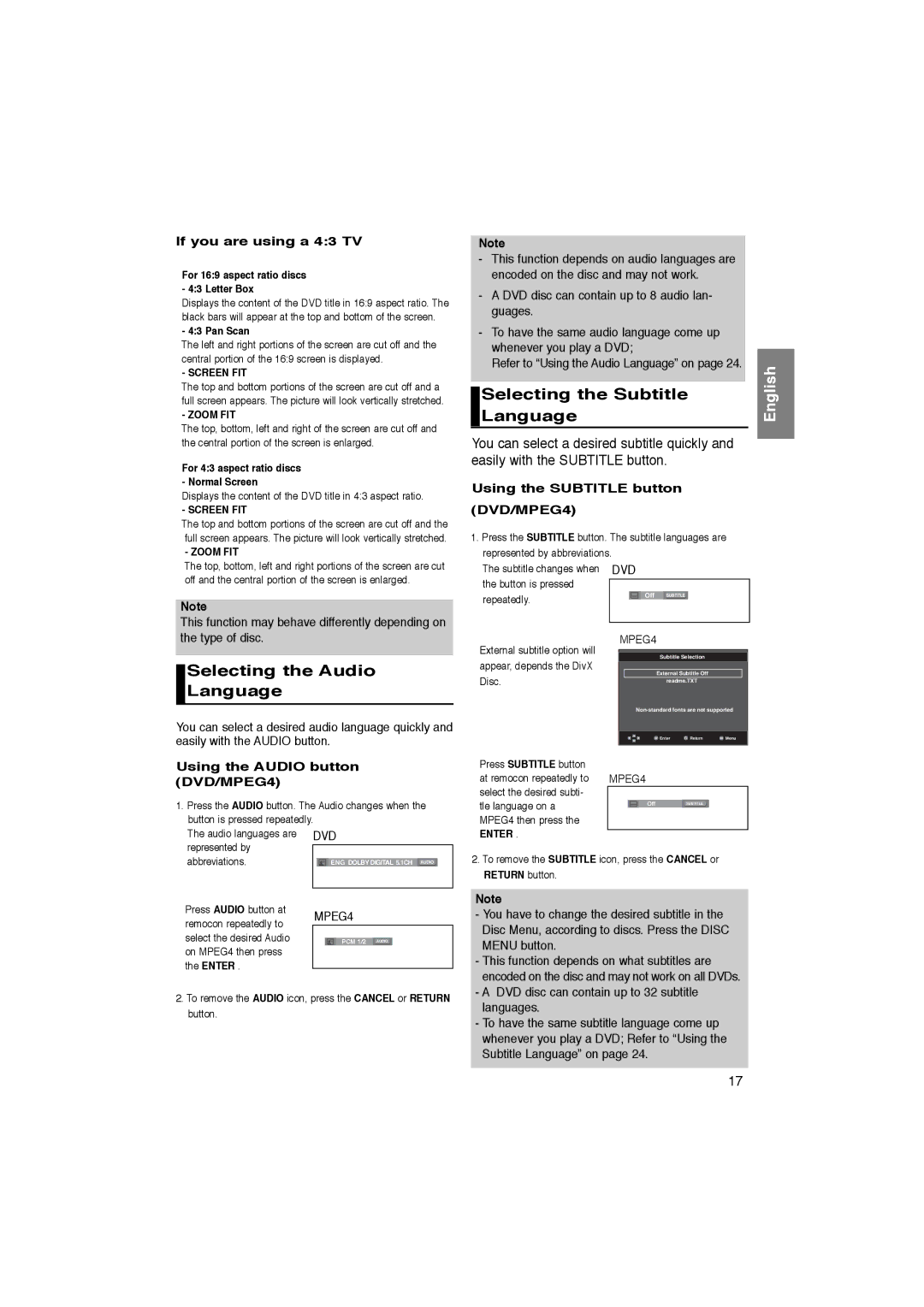 Samsung DVD-1080P8/EDC manual Selecting the Subtitle Language, Selecting the Audio Language, If you are using a 43 TV 