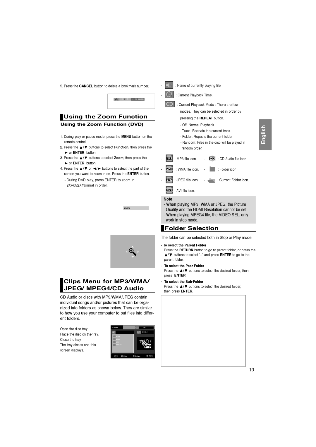 Samsung DVD-1080P8/XEL manual Using the Zoom Function, Clips Menu for MP3/WMA/ JPEG/ MPEG4/CD Audio, Folder Selection 