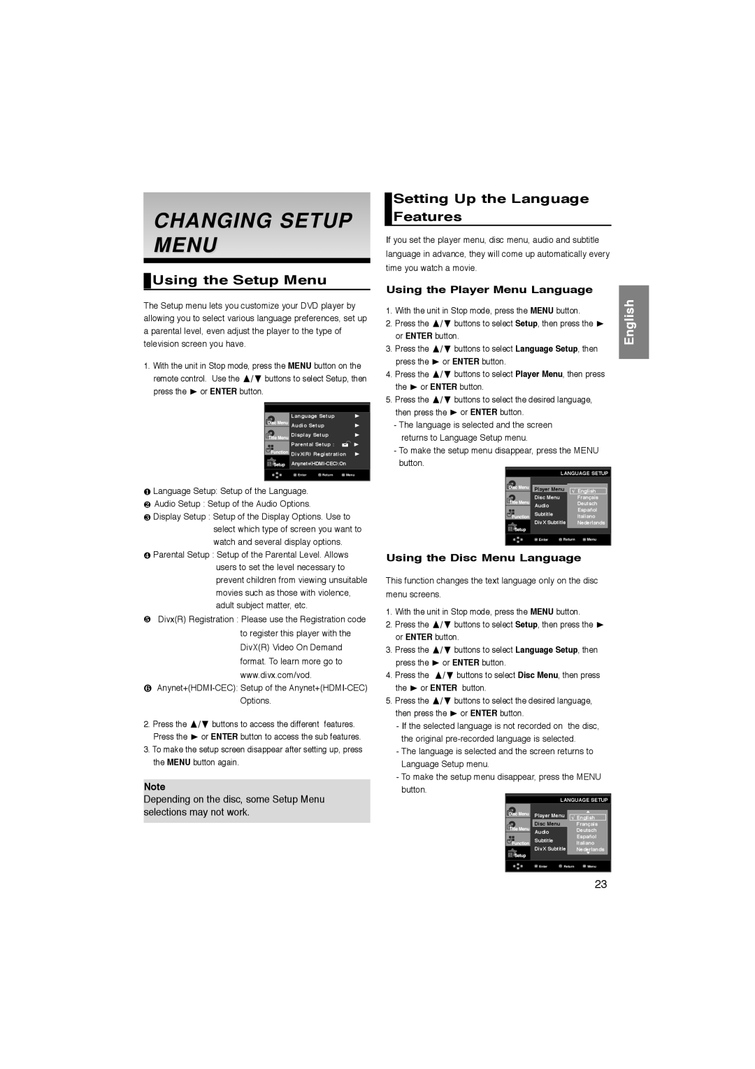 Samsung DVD-1080P8/EDC, DVD-1080P8/XEU manual Changing Setup Menu, Using the Setup Menu, Setting Up the Language Features 