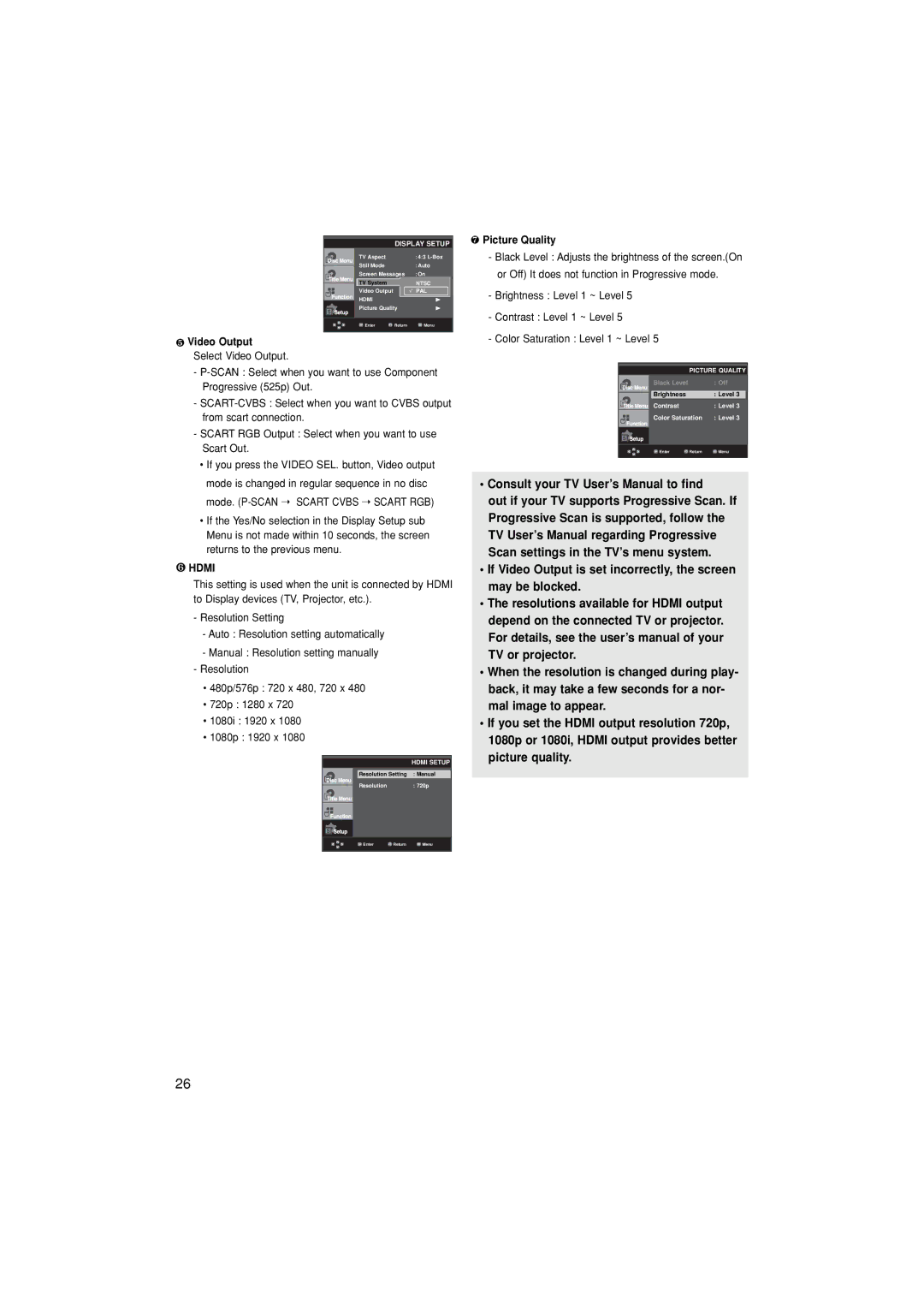 Samsung DVD-1080P8/EDC, DVD-1080P8/XEU manual Consult your TV User’s Manual to find, ❺ Video Output, ❼ Picture Quality 