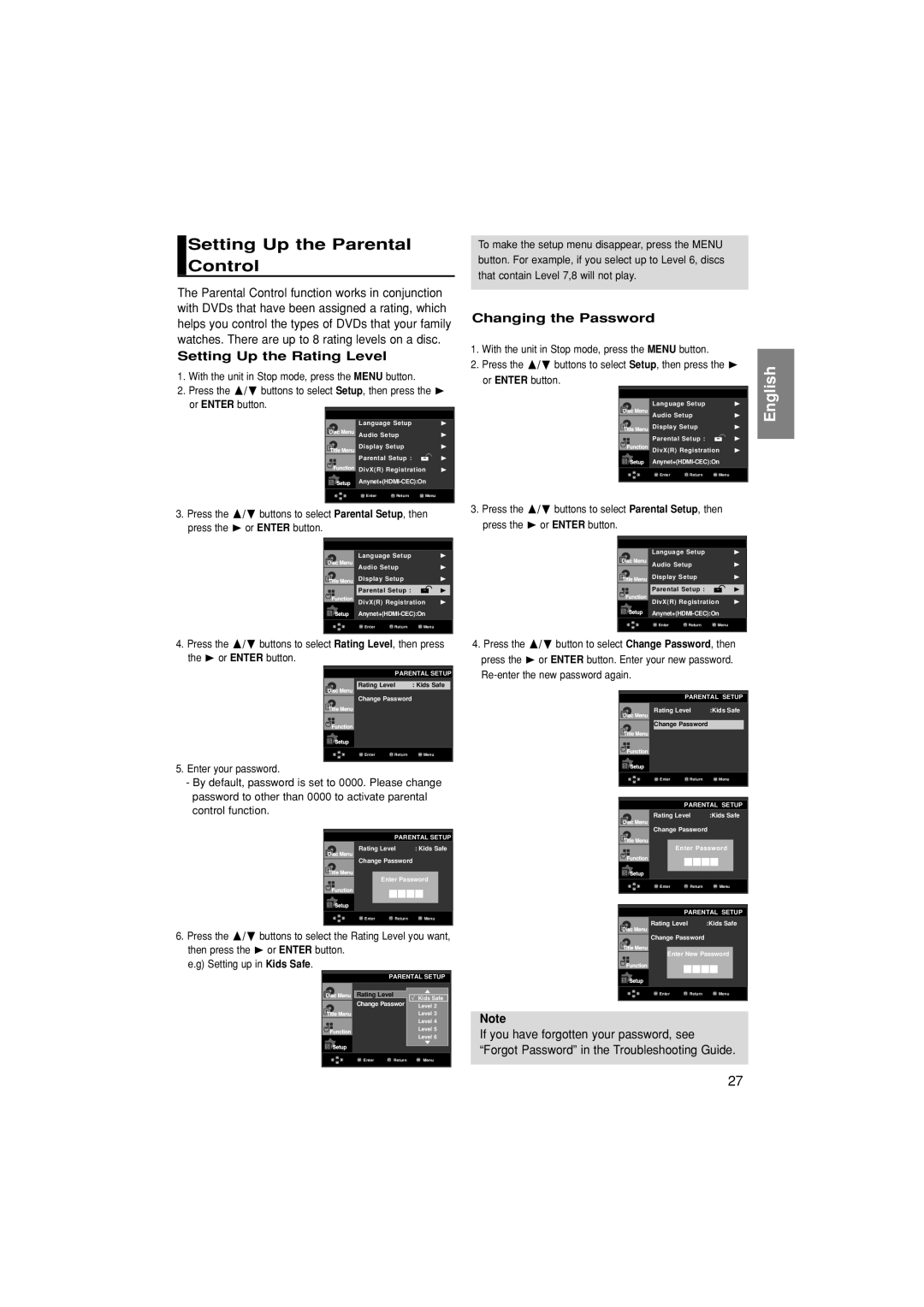 Samsung DVD-1080P8/XEU, DVD-1080P8/XEL Setting Up the Parental Control, Setting Up the Rating Level, Changing the Password 