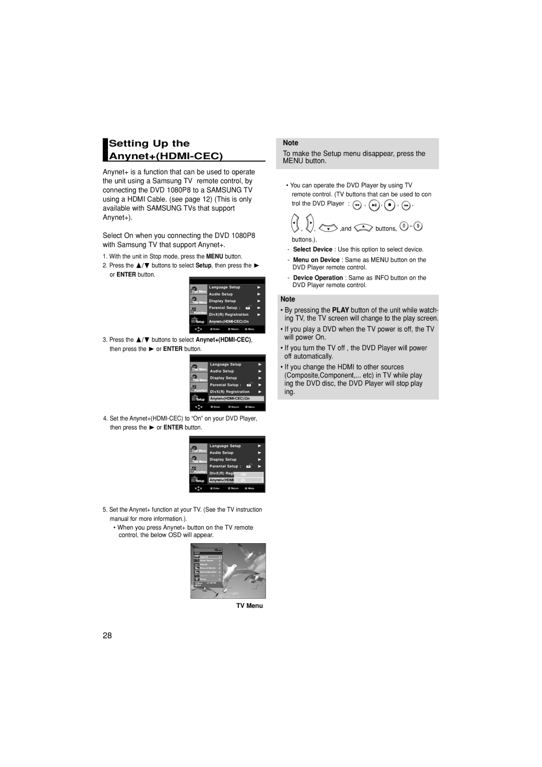 Samsung DVD-1080P8/XEL, DVD-1080P8/XEU, DVD-1080P8/EDC manual Setting Up Anynet+HDMI-CEC, TV Menu 