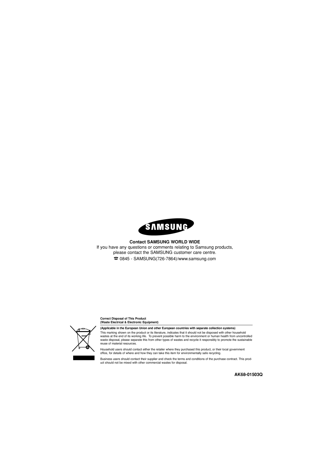 Samsung DVD-1080P8/XEU, DVD-1080P8/XEL, DVD-1080P8/EDC manual Contact Samsung World Wide, AK68-01503Q 