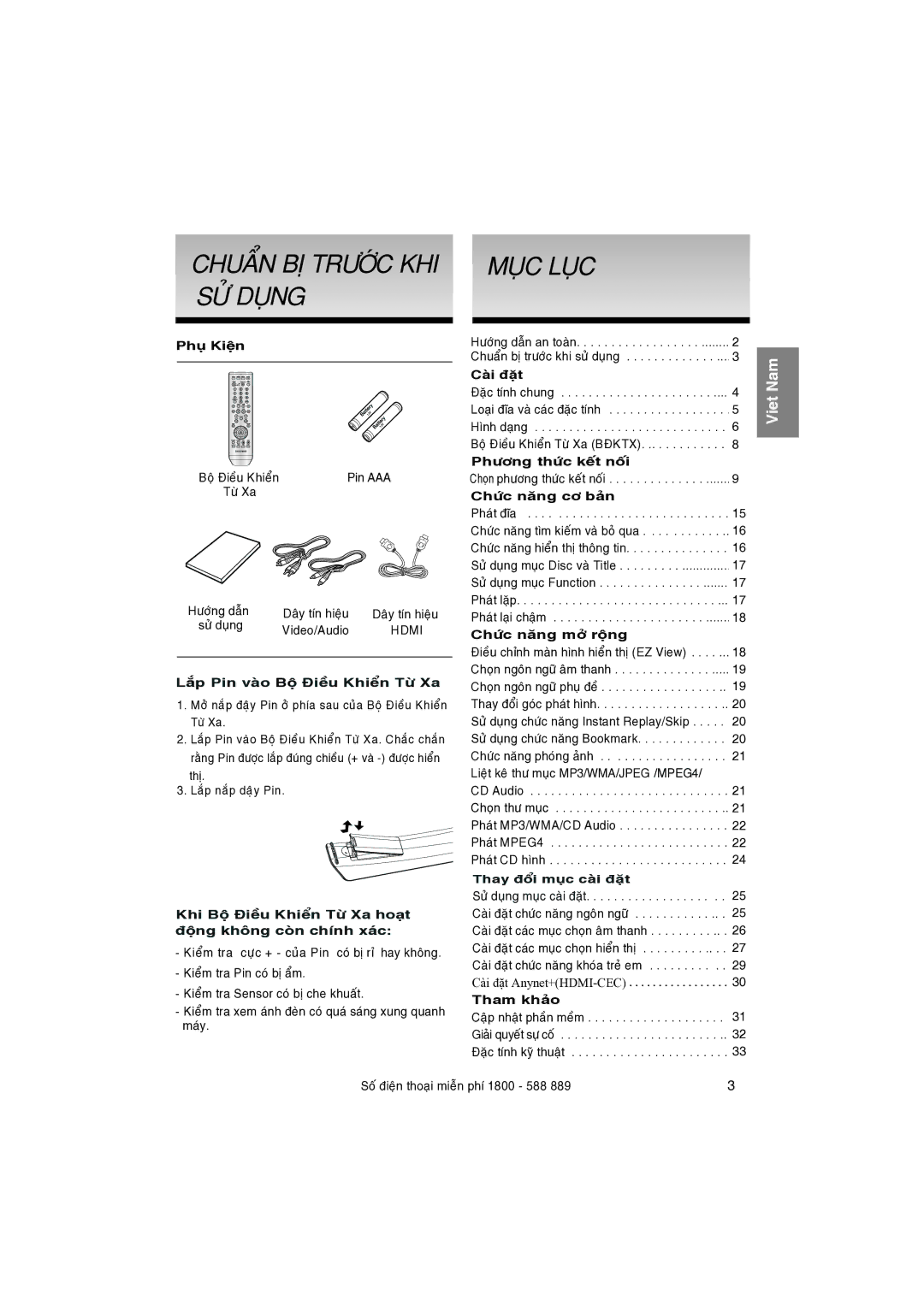 Samsung DVD-1080P8/XSV manual Phuï Kieän, Laép Pin vaøo Boä Ñieàu Khieån Töø Xa, Caøi ñaët, Phöông thöùc keát noái 