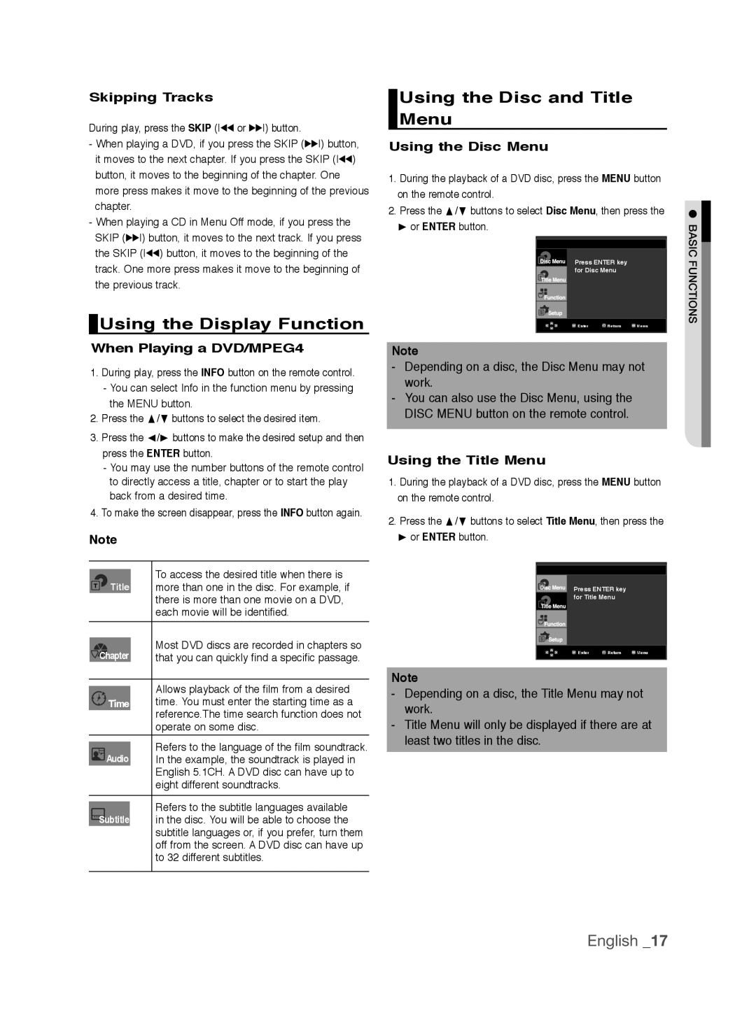 Samsung DVD-1080P9/MEA, DVD-1080P9/EDC, DVD-1080AV/XEG manual Using the Display Function, Using the Disc and Title Menu 