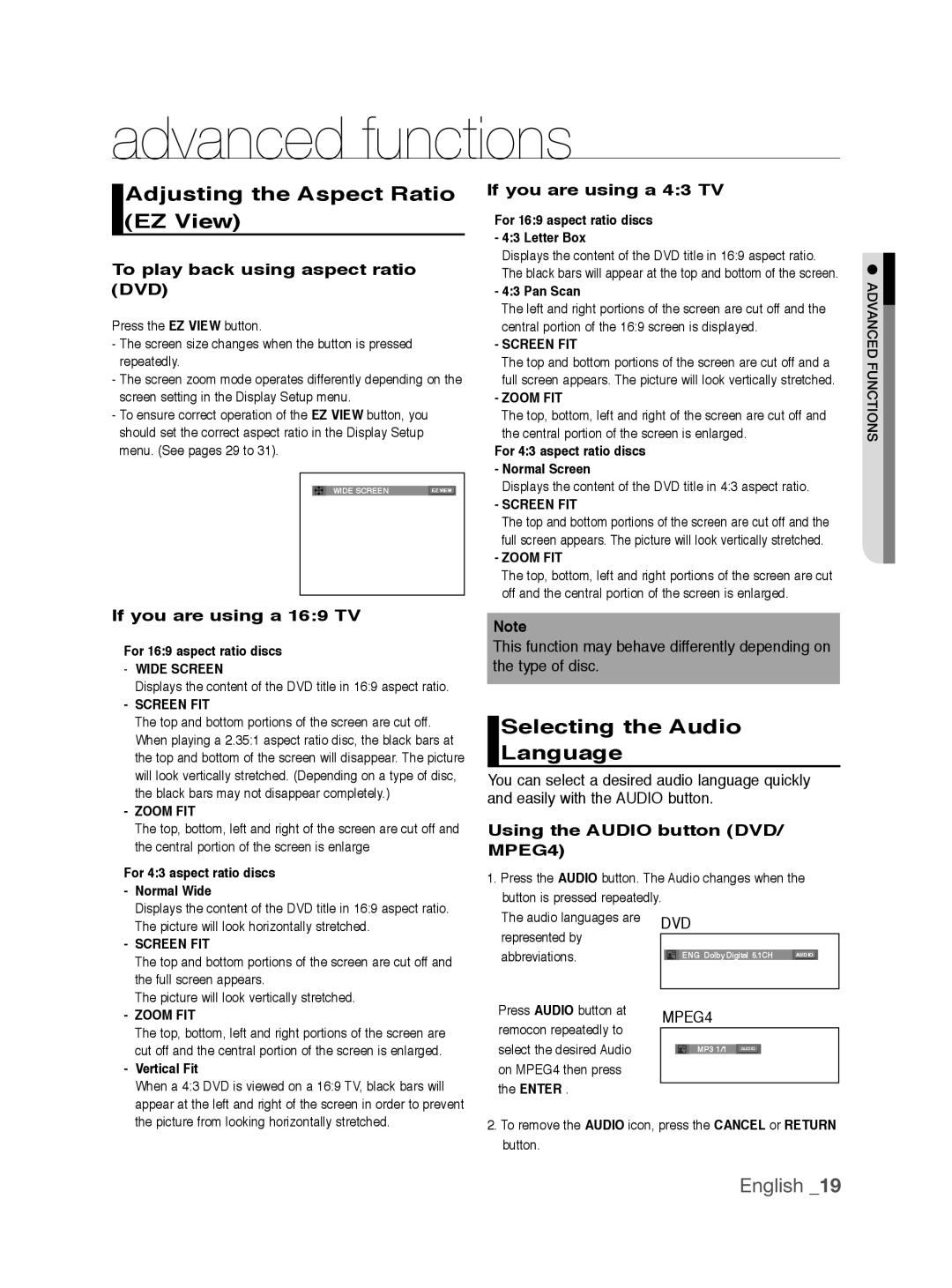 Samsung DVD-1080P9/SAM manual Advanced functions, Adjusting the Aspect Ratio EZ View, Selecting the Audio Language 