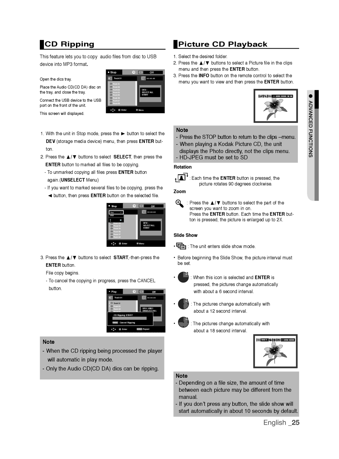 Samsung DVD-1080P9/XER, DVD-1080P9/EDC, DVD-1080AV/XEG manual CD Ripping, Picture CD Playback, Rotation, Zoom, Slide Show 