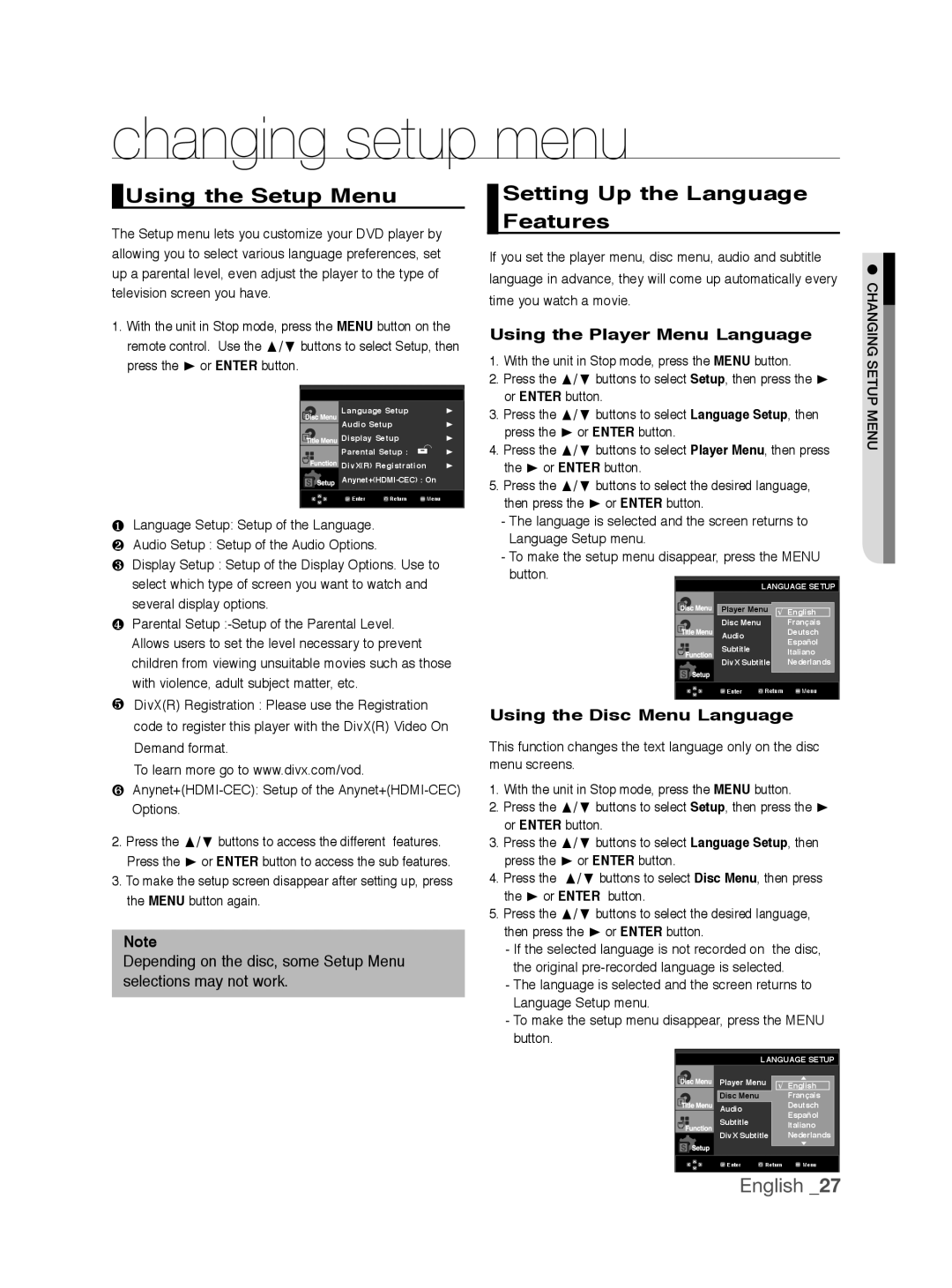 Samsung DVD-1080P9/MEA, DVD-1080P9/EDC manual Changing setup menu, Using the Setup Menu, Setting Up the Language Features 