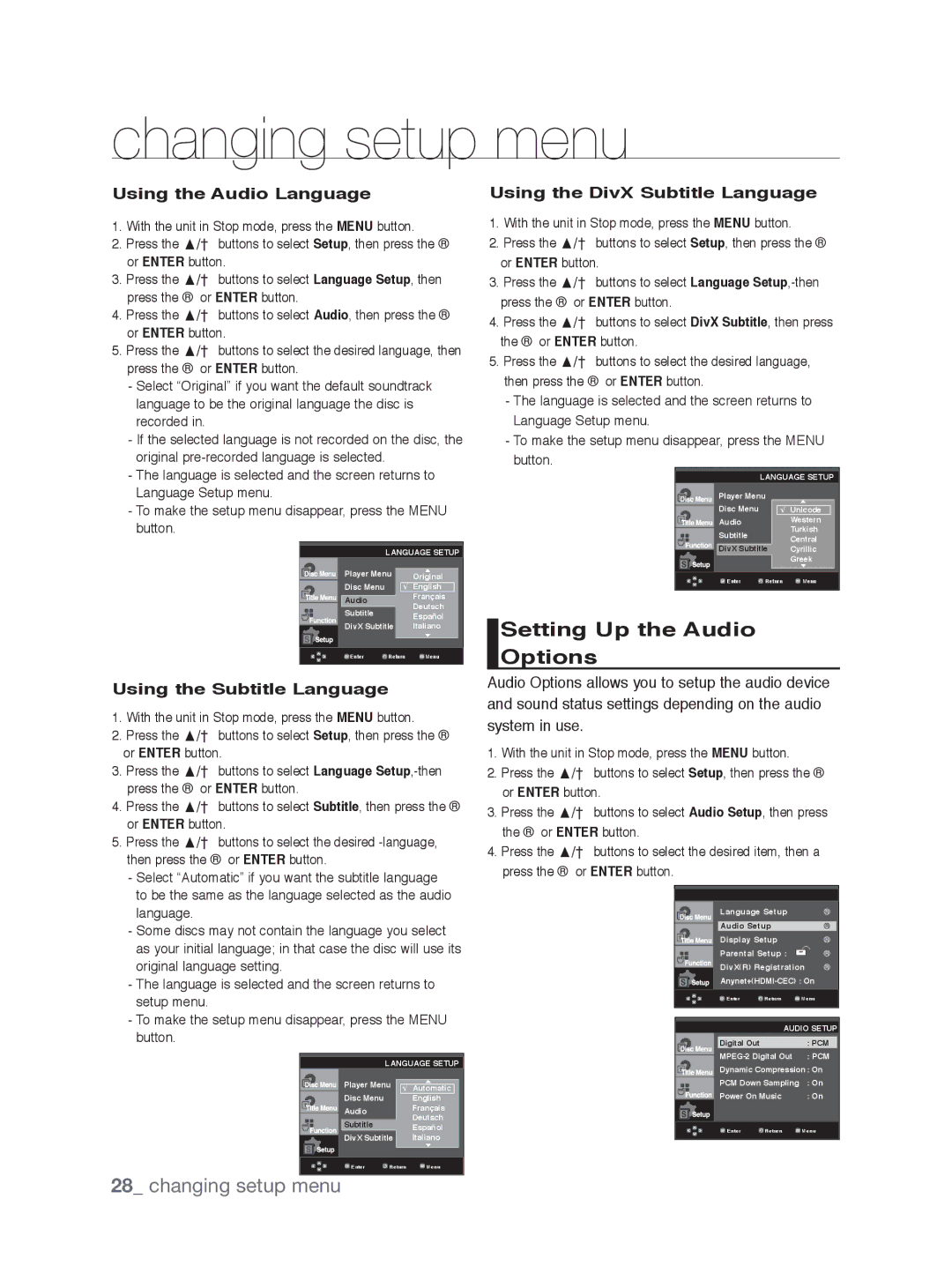 Samsung DVD-1080P9/XEE, DVD-1080P9/EDC Setting Up the Audio Options, Using the Audio Language, Using the Subtitle Language 