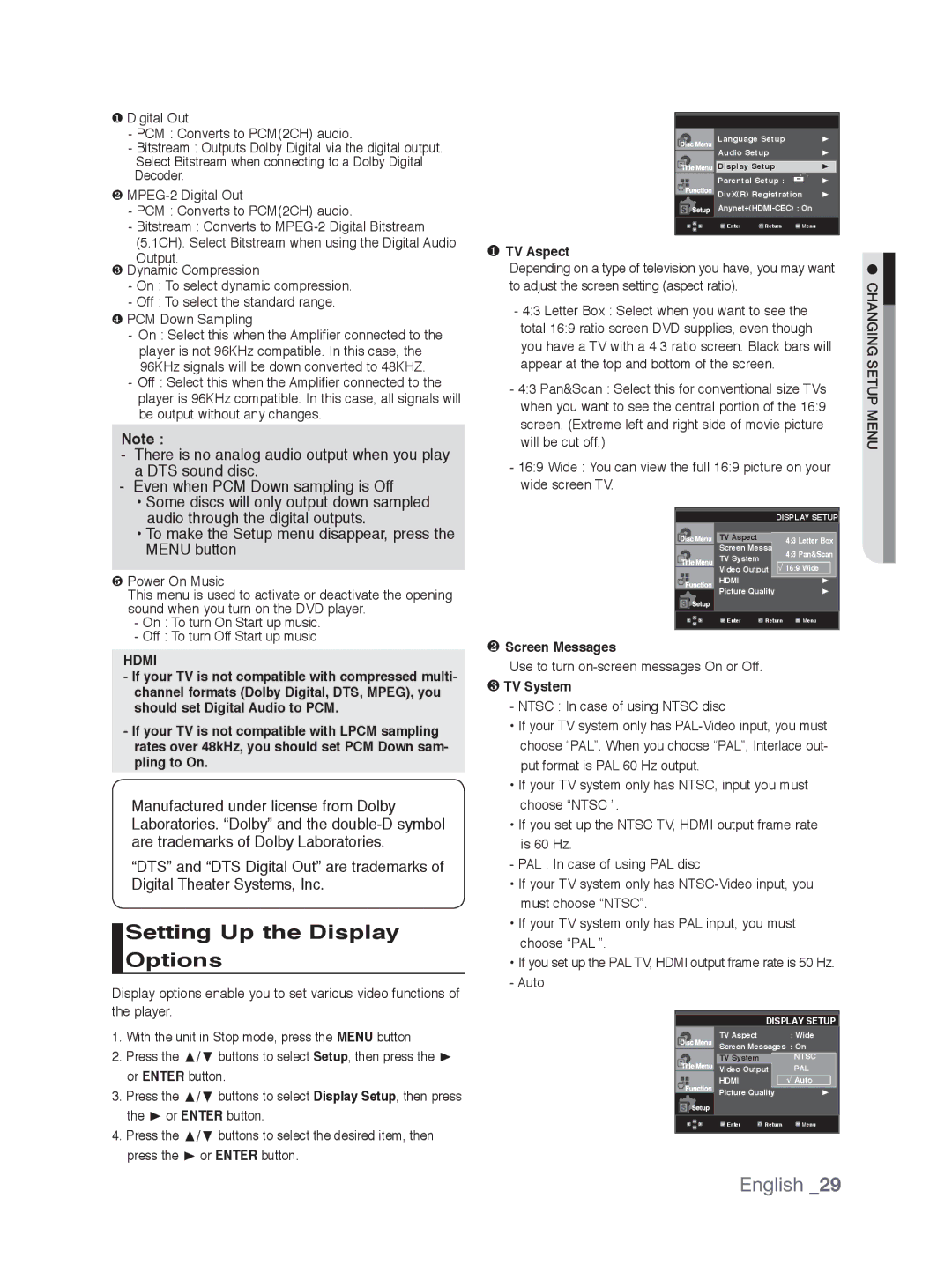 Samsung DVD-1080P9/SAM, DVD-1080P9/EDC manual Setting Up the Display Options, ❶ TV Aspect, ❷ Screen Messages, ❸ TV System 