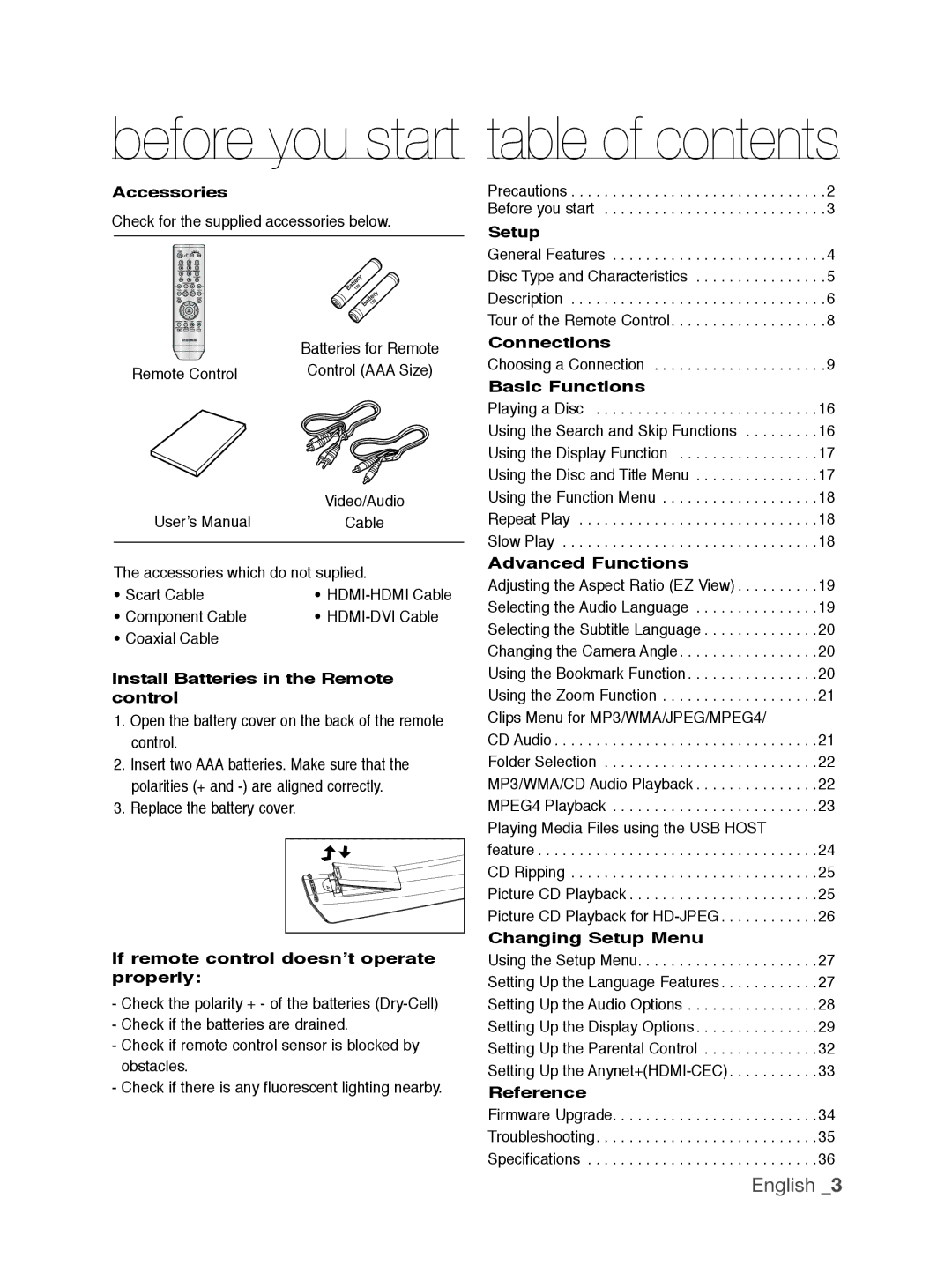 Samsung DVD-1080P9/XET, DVD-1080P9/EDC, DVD-1080AV/XEG, DVD-1080P9/XEL, DVD-1080P9/XEC Before you start table of contents 