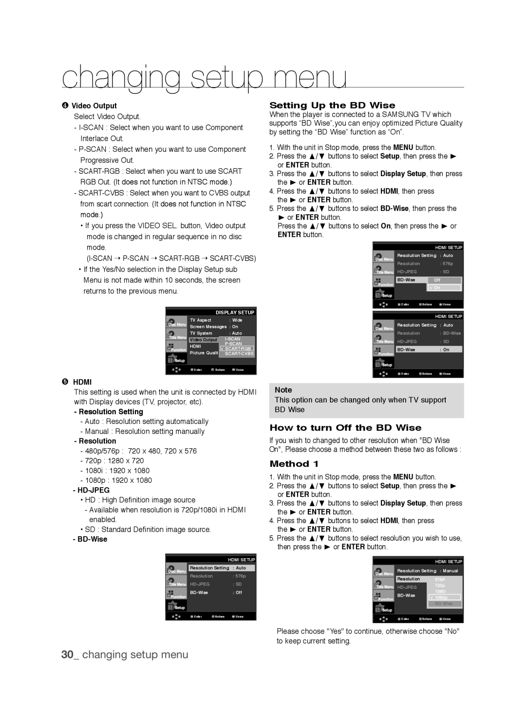 Samsung DVD-1080P9/EDC, DVD-1080AV/XEG, DVD-1080P9/XEL manual Setting Up the BD Wise, How to turn Off the BD Wise, Method 