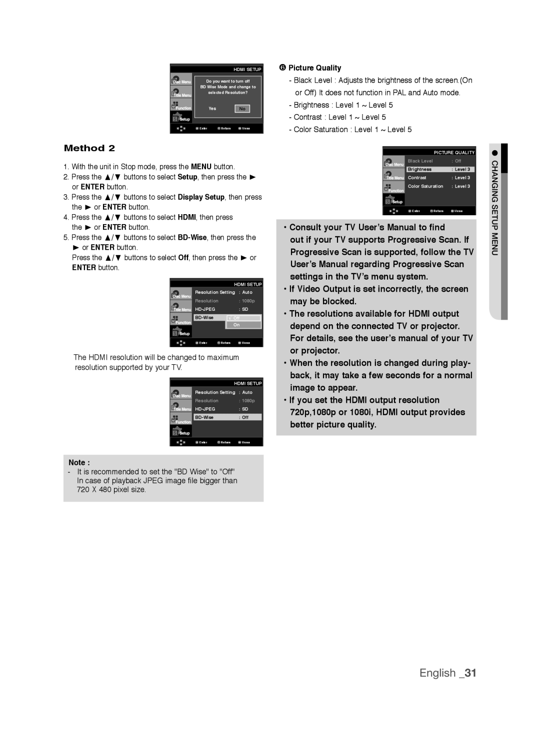 Samsung DVD-1080AV/XEG manual User’s Manual regarding Progressive Scan, Or projector, Image to appear, Picture Quality 