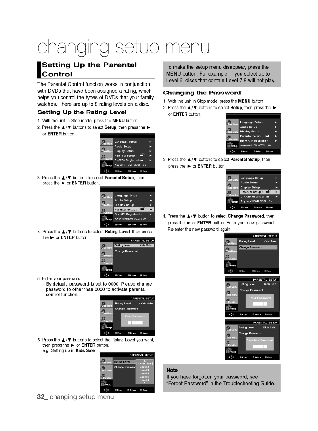 Samsung DVD-1080P9/XEL, DVD-1080P9/EDC Setting Up the Parental Control, Setting Up the Rating Level, Changing the Password 