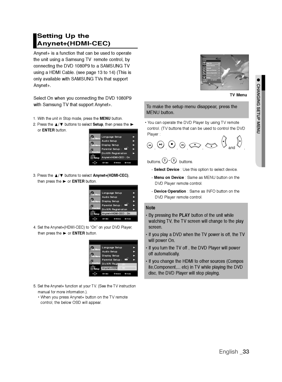 Samsung DVD-1080P9/XET, DVD-1080P9/EDC, DVD-1080AV/XEG, DVD-1080P9/XEL, DVD-1080P9/XEC Setting Up Anynet+HDMI-CEC, TV Menu 