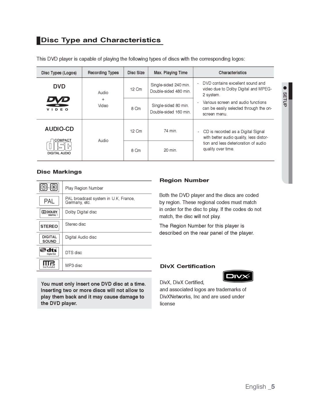 Samsung DVD-1080P9/XER, DVD-1080P9/EDC, DVD-1080AV/XEG Disc Type and Characteristics, Disc Markings, DivX Certification 