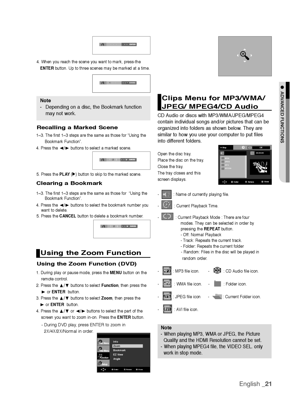 Samsung DVD-1080AV/XEG Clips Menu for MP3/WMA/ JPEG/ MPEG4/CD Audio, Using the Zoom Function, Recalling a Marked Scene 