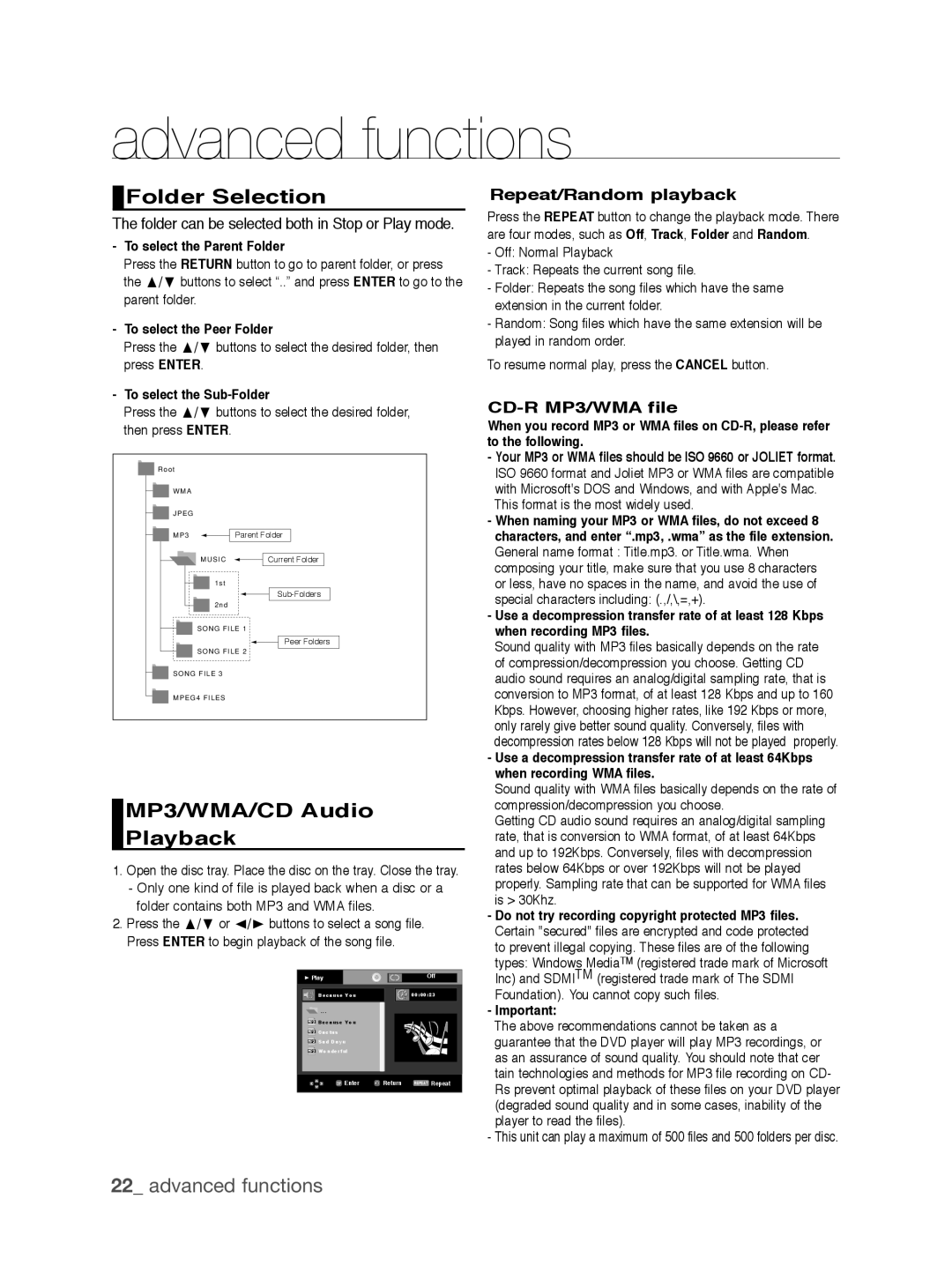 Samsung DVD-1080P9/XEL manual Folder Selection, MP3/WMA/CD Audio Playback, advanced functions, Repeat/Random playback 