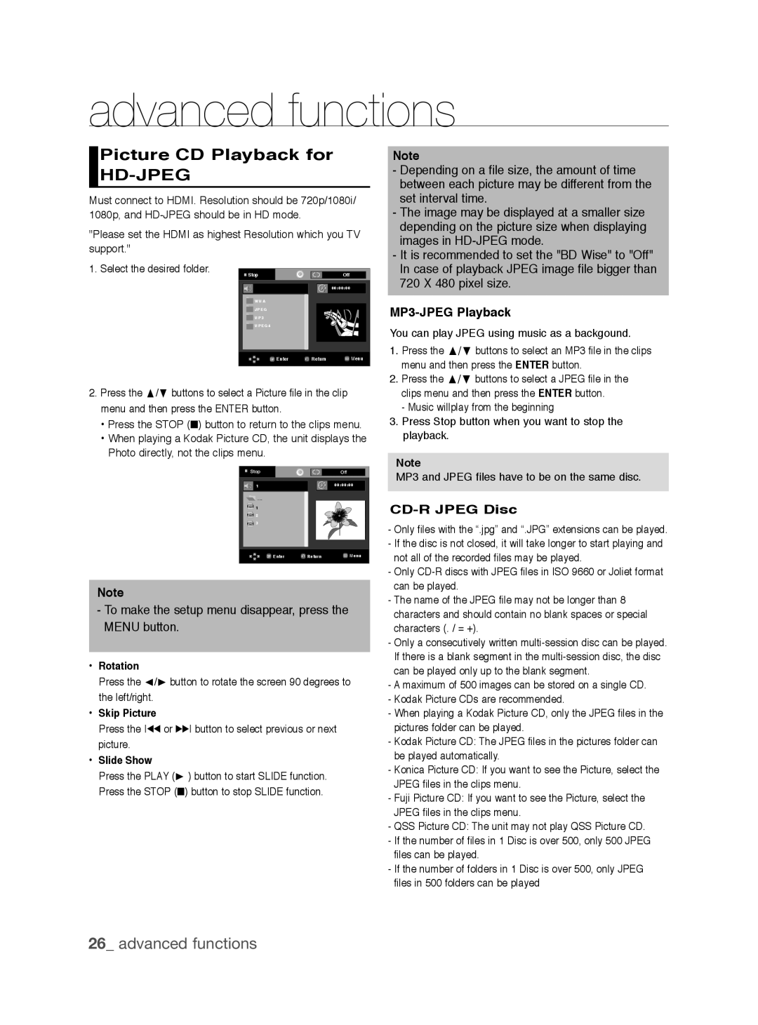 Samsung DVD-1080P9/SAH manual Picture CD Playback for HD-JPEG, advanced functions, MP3-JPEG Playback, CD-R JPEG Disc 