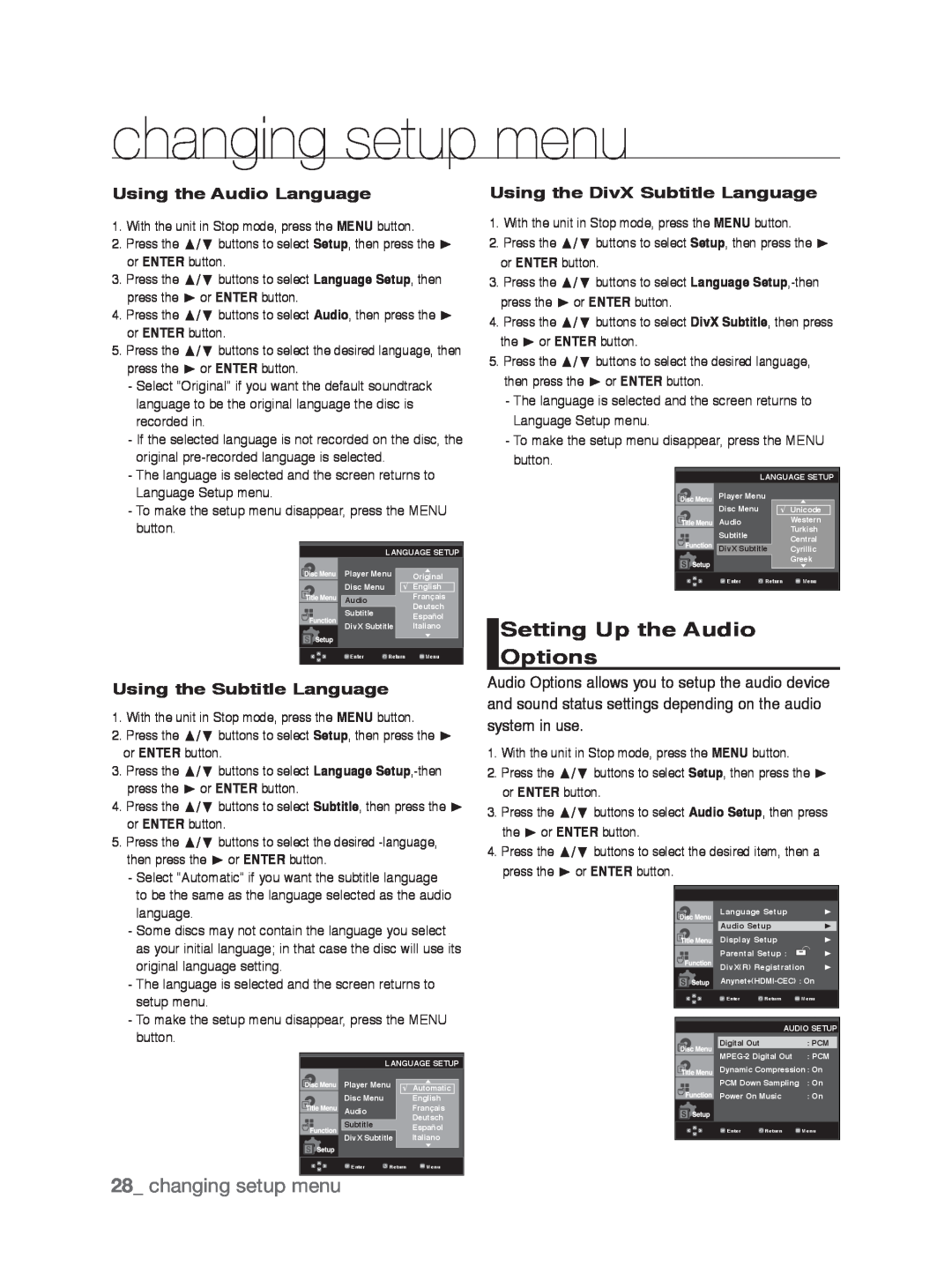 Samsung DVD-1080P9/XEE, DVD-1080P9/EDC manual Setting Up the Audio Options, changing setup menu, Using the Audio Language 
