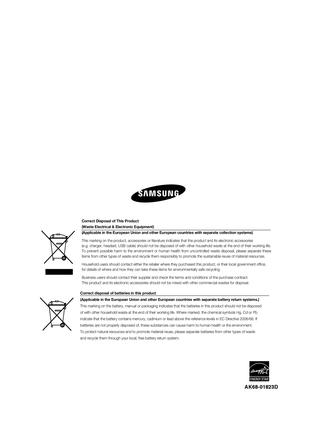 Samsung DVD-1080P9/EDC manual AK68-01823D, Correct Disposal of This Product, Waste Electrical & Electronic Equipment 