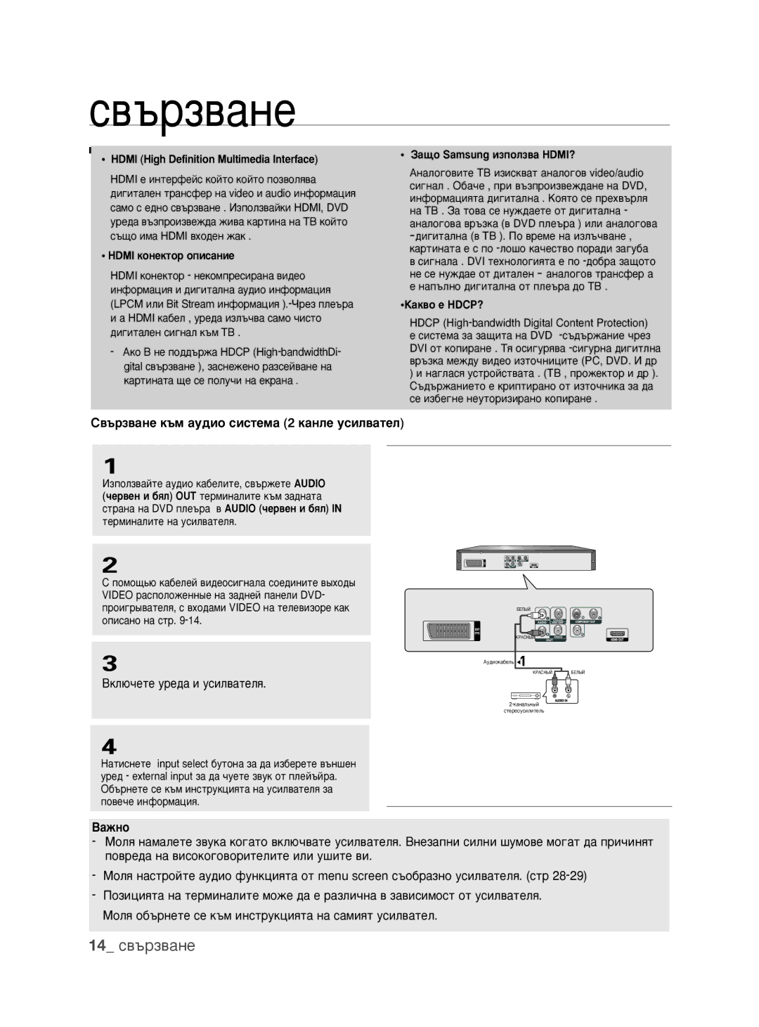 Samsung DVD-1080P9/EDC manual 14 Ò‚˙Á‚‡ÌÂ, ‚˙Á‚‡ÌÂ Í˙Ï ‡Û‰ËÓ ÒËÒÚÂÏ‡ 2 Í‡ÌÎÂ ÛÒËÎ‚‡ÚÂÎ, ÇÍÎ˛˜ÂÚÂ ÛÂ‰‡ Ë ÛÒËÎ‚‡ÚÂÎﬂ 