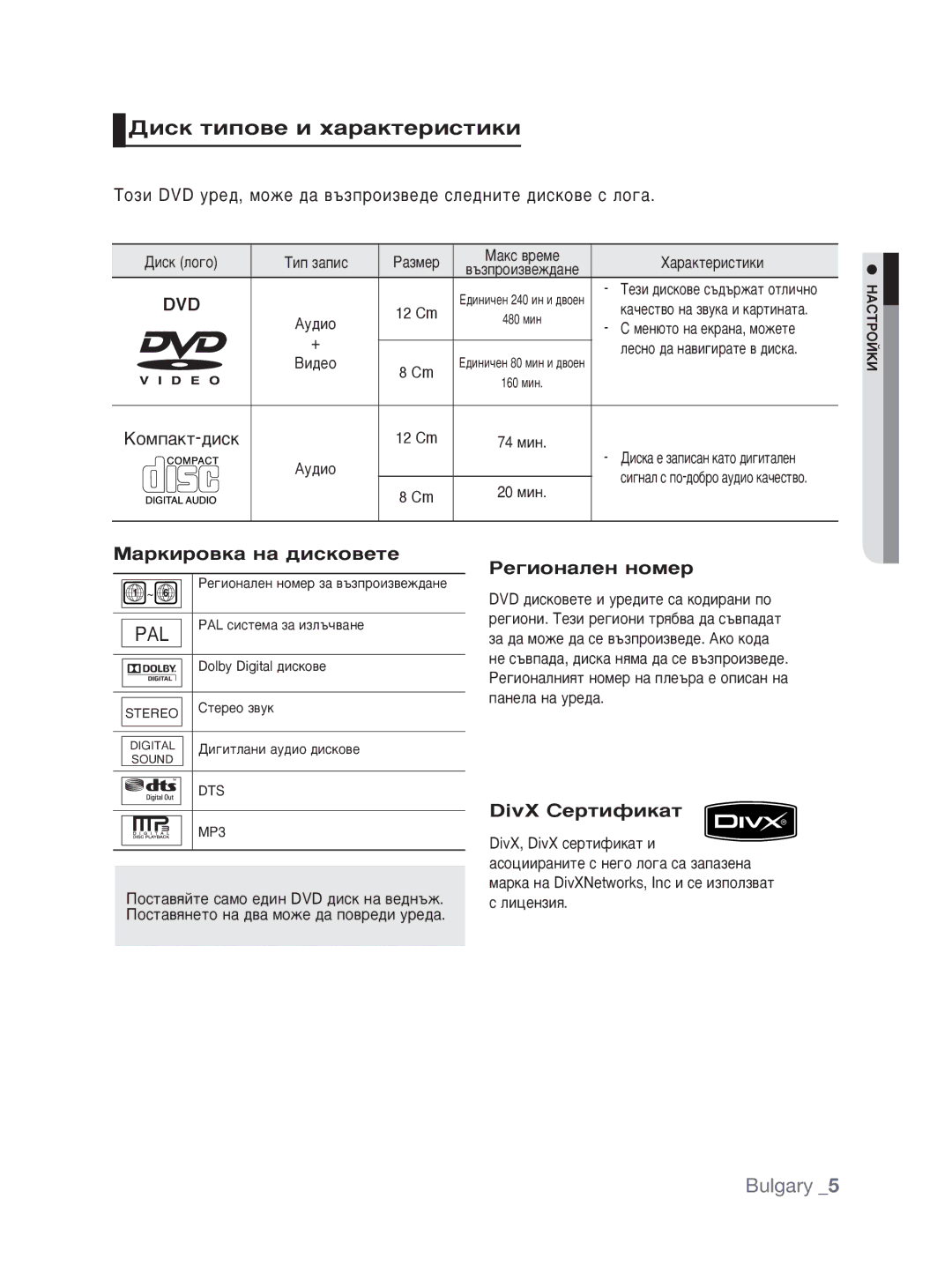 Samsung DVD-1080P9/EDC Ñëòí ÚËÔÓ‚Â Ë ı‡‡ÍÚÂËÒÚËÍË, ‡Íëó‚Í‡ Ì‡ ‰Ëòíó‚Âúâ, Êâ„Ëóì‡Îâì Ìóïâ, DivX ëÂÚËÙËÍ‡Ú, Ñëòí ÎÓ„Ó 